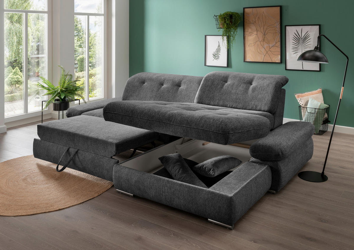 ECKSOFA in Chenille Anthrazit  - Chromfarben/Anthrazit, Design, Textil/Metall (300/196cm) - Livetastic