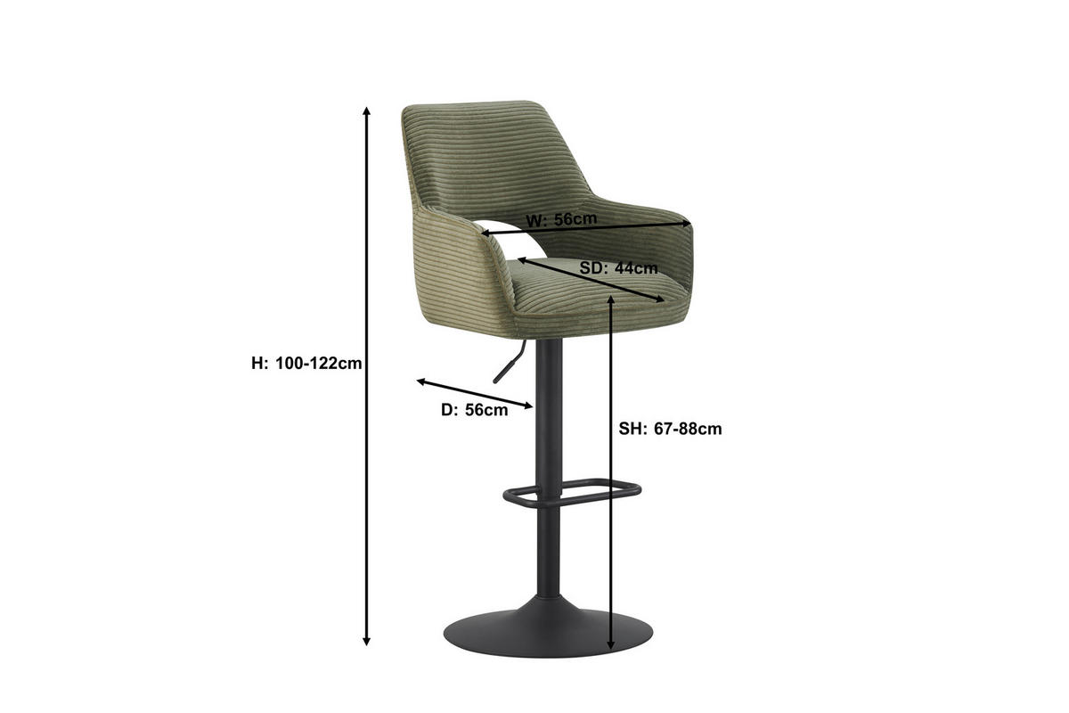 BARHOCKER Cord Grün, Schwarz Eisen Sitzfläche 360° drehbar, inklusive Armlehnen  - Schwarz/Grün, Design, Textil/Metall (56/102-123/57cm) - Hom`in