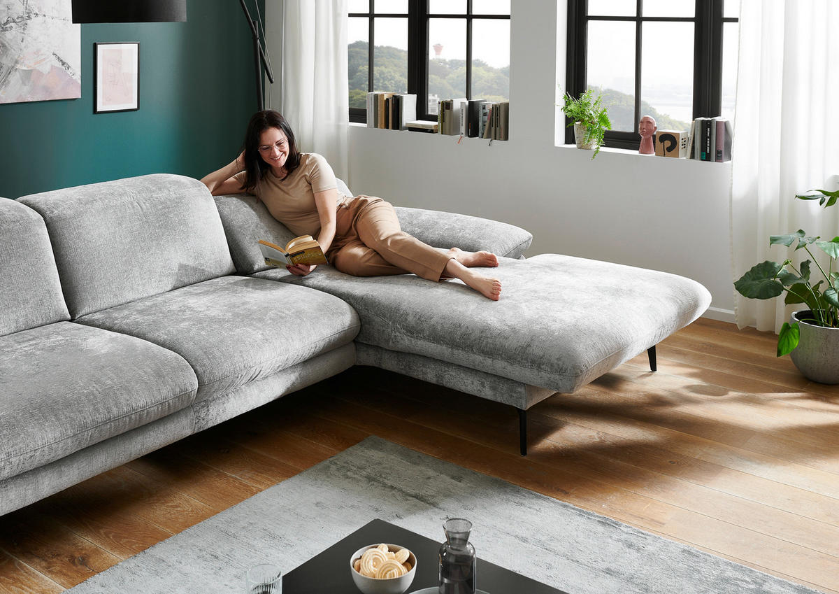 ECKSOFA in Chenille Grau  - Schwarz/Grau, Design, Textil/Metall (188/319cm) - Beldomo System