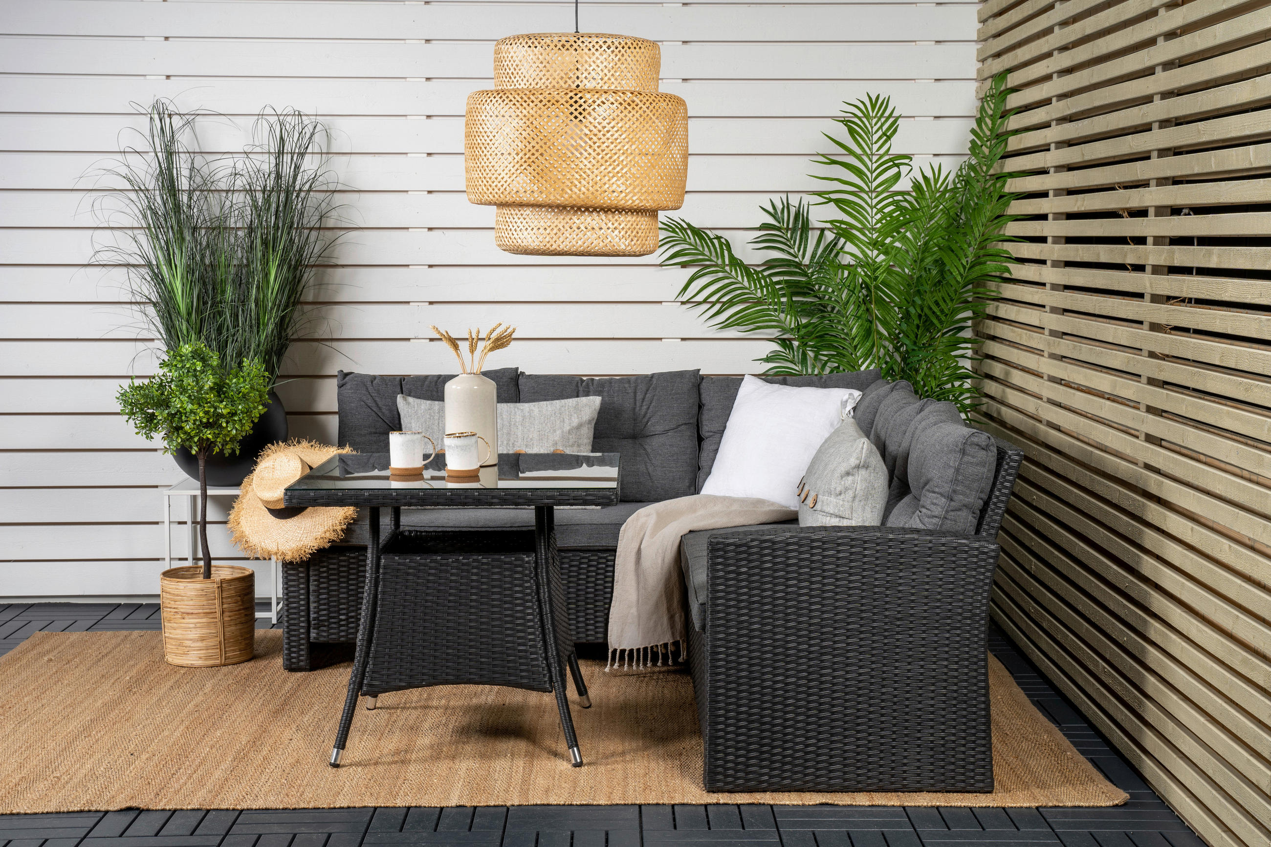 LOUNGEGARNITUR    - Schwarz/Grau, KONVENTIONELL, Glas/Kunststoff - Gardenson