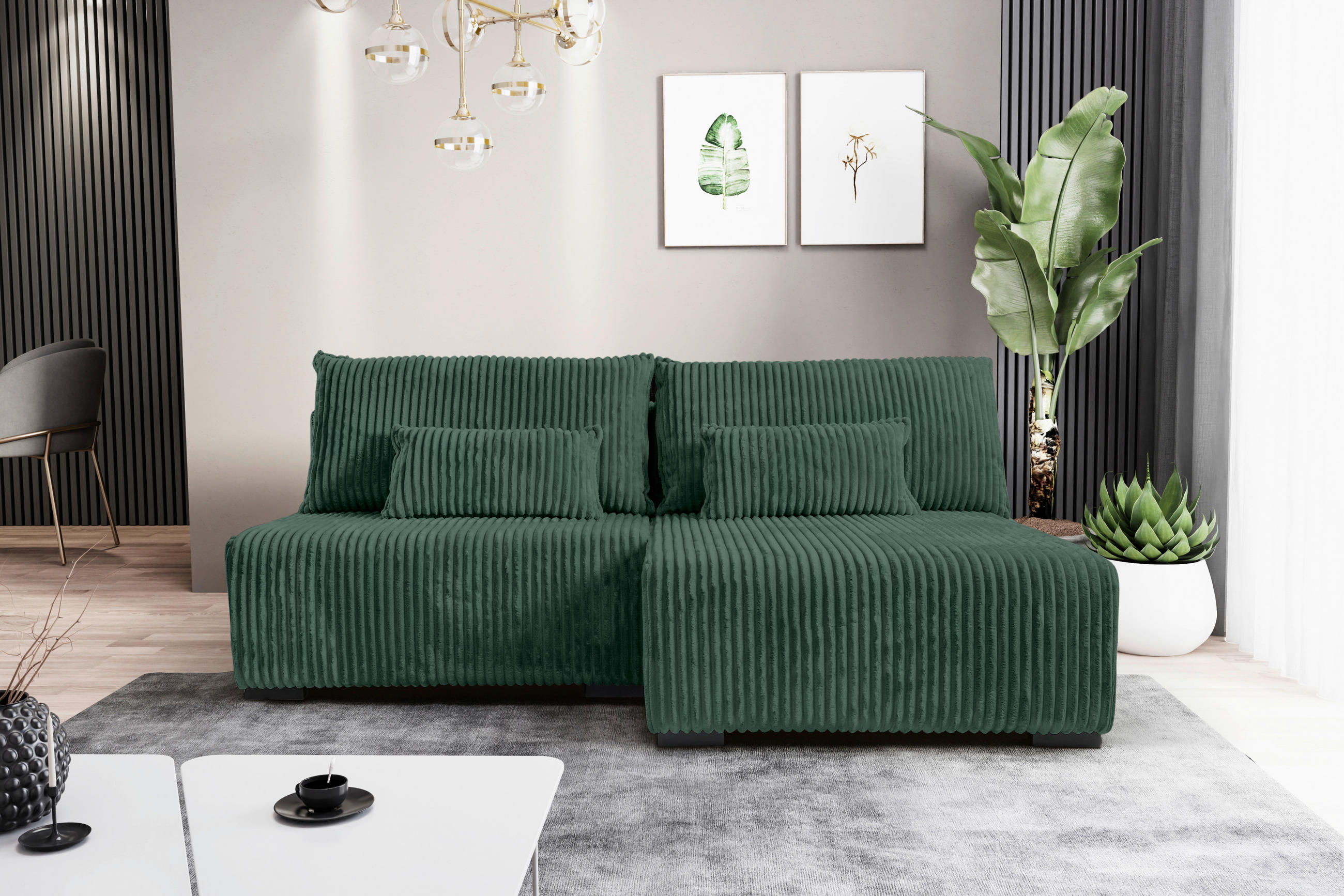 ECKSOFA in Cord Dunkelgrün  - Dunkelgrün/Schwarz, Modern, Holz/Textil (210/145cm) - MID.YOU