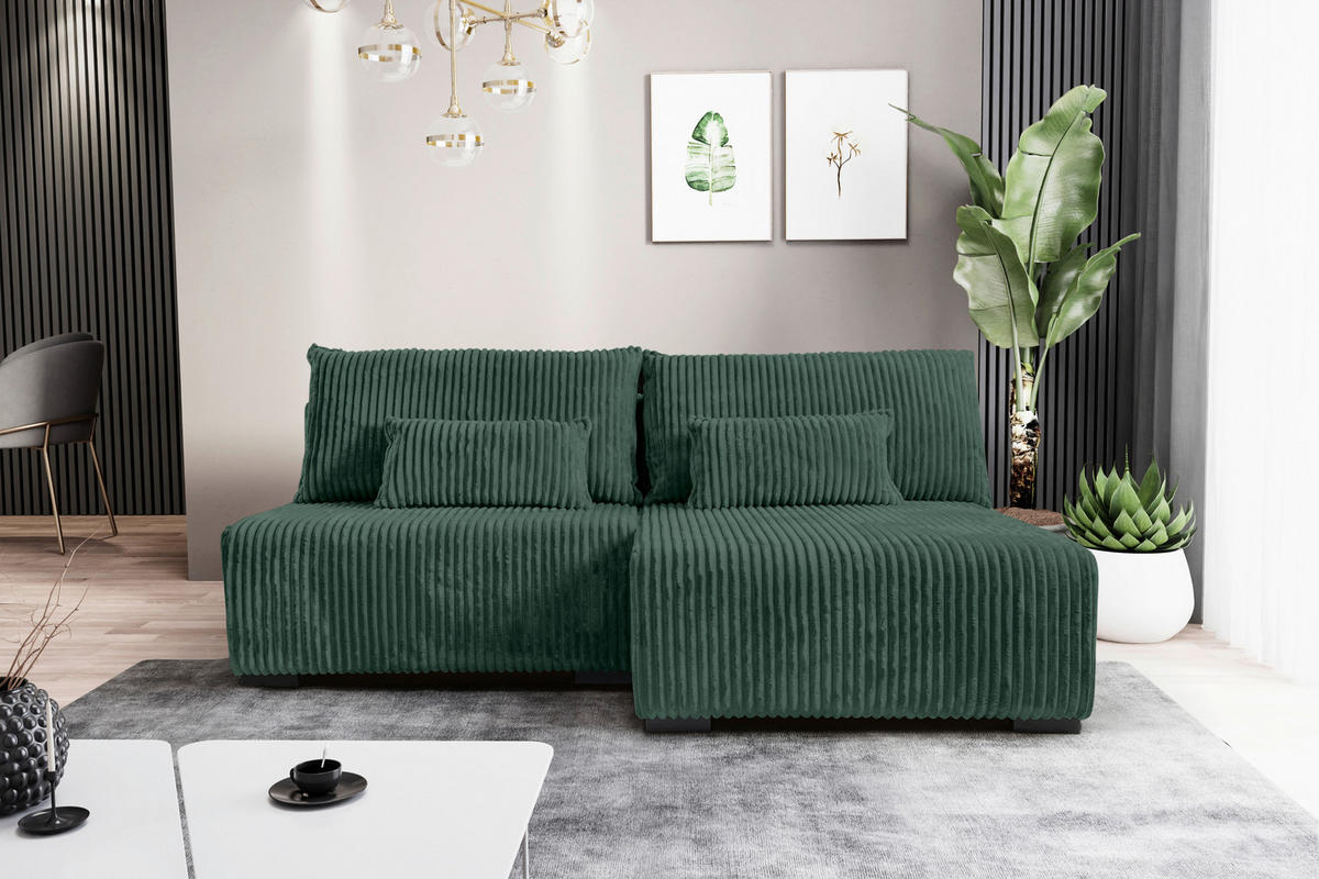 ECKSOFA in Cord Dunkelgrün  - Dunkelgrün/Schwarz, Modern, Holz/Textil (210/145cm) - MID.YOU