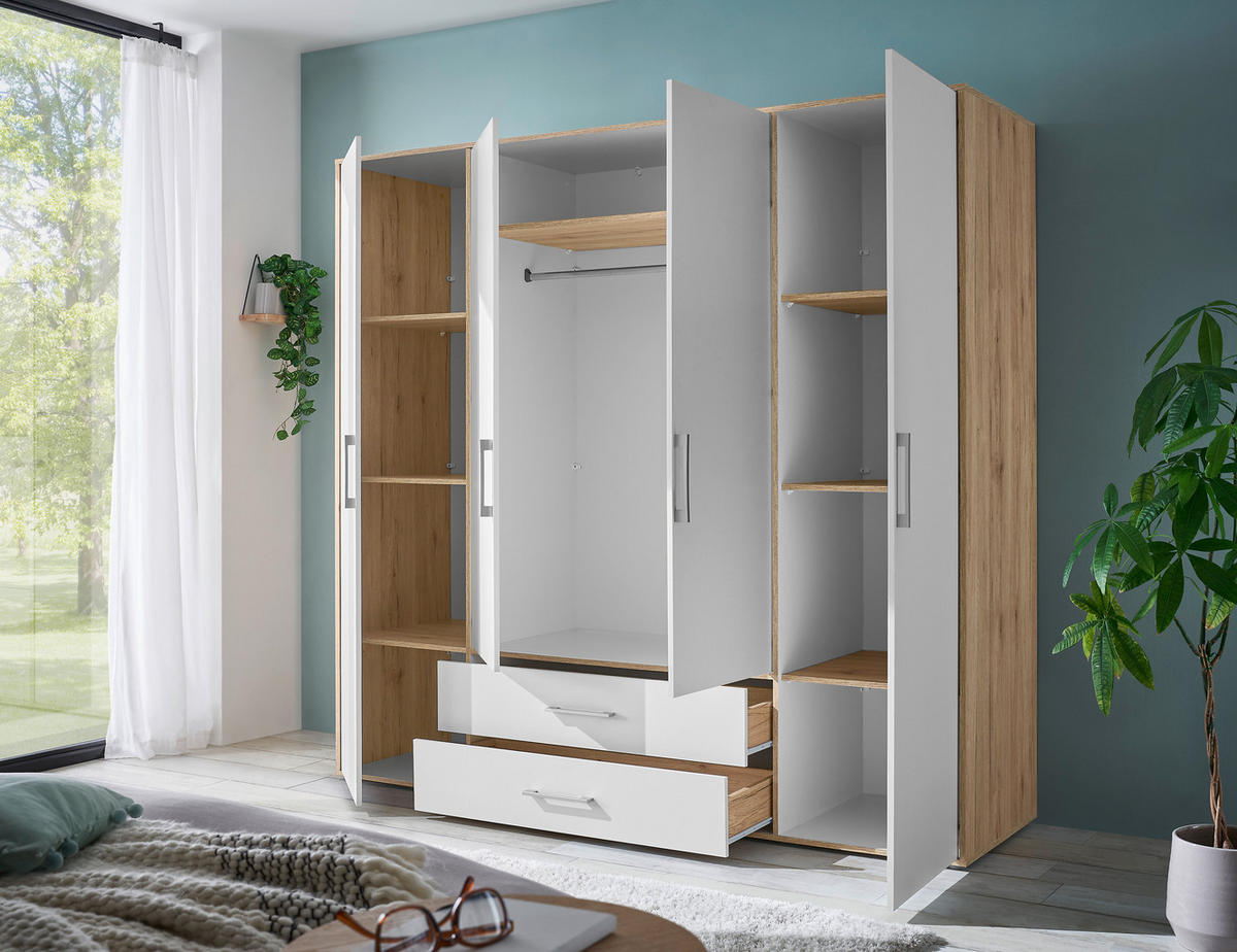 KLEIDERSCHRANK 206/195/60 cm 4-türig Weiß, Eiche Artisan  - Alufarben/Weiß, Basics, Holzwerkstoff/Kunststoff (206/195/60cm)