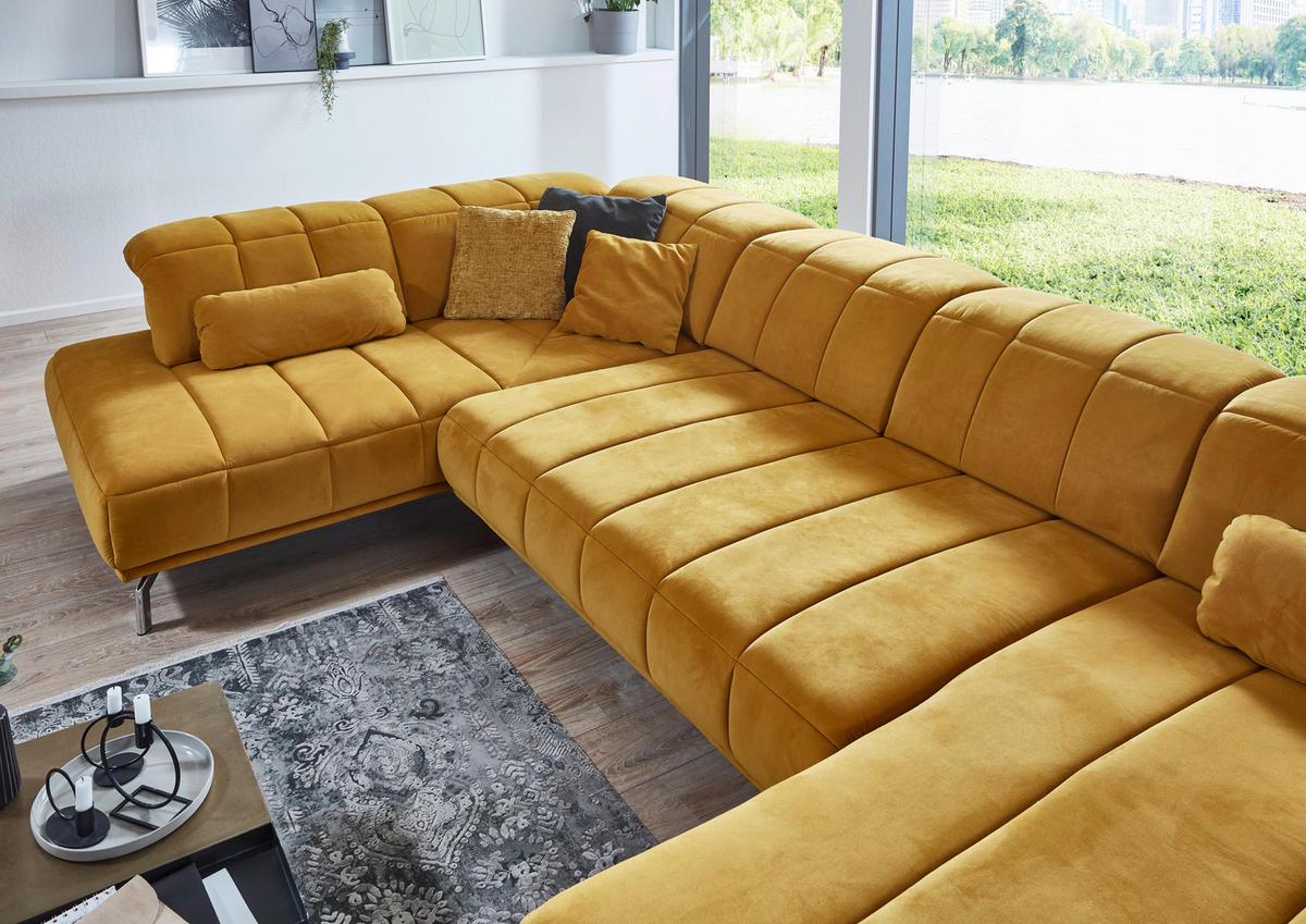 WOHNLANDSCHAFT in Velours Currygelb  - Currygelb/Schwarz, Design, Textil/Metall (219/383/195cm) - Beldomo Style