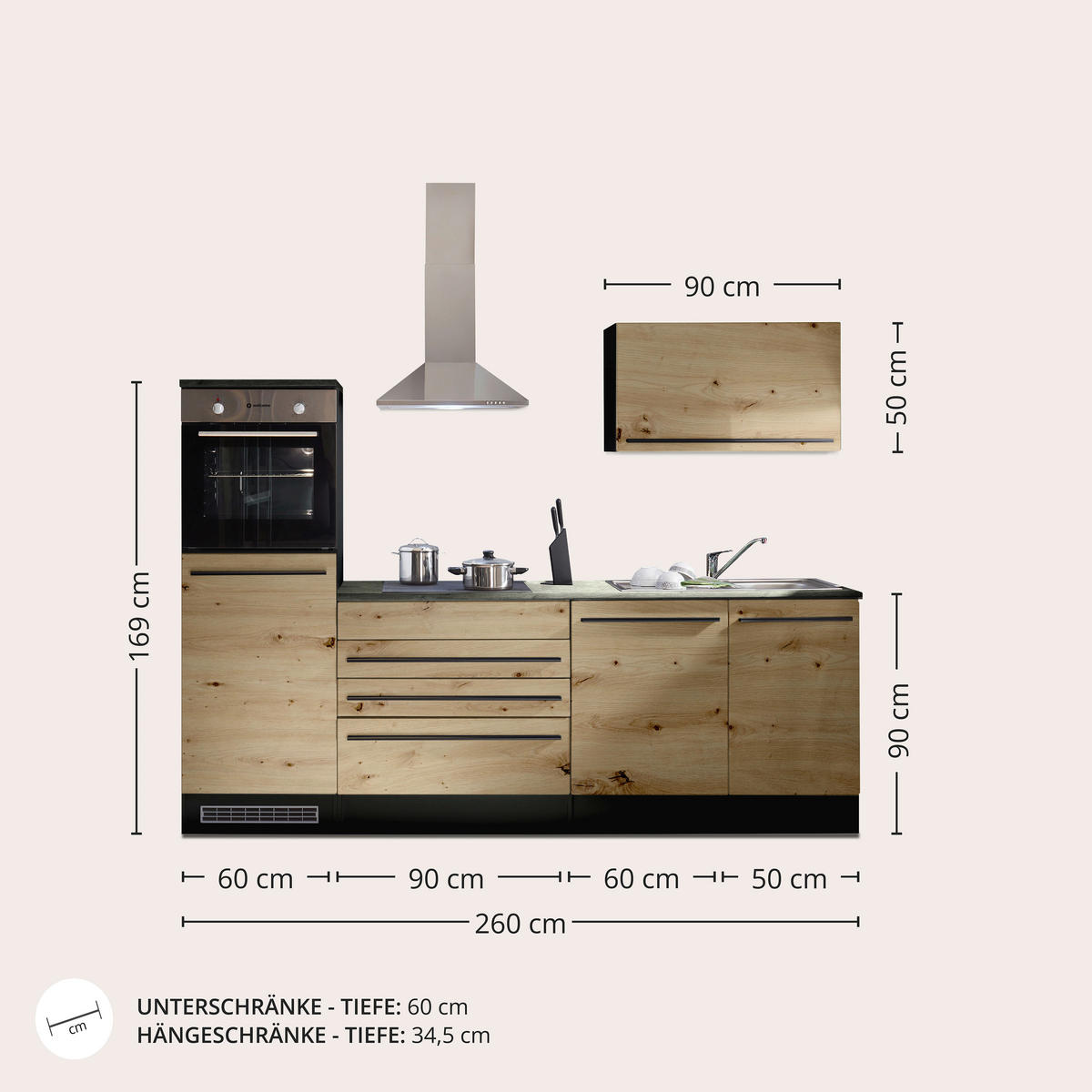 KÜCHENBLOCK 260 cm   in Anthrazit, Eiche Artisan  - Anthrazit/Schwarz, KONVENTIONELL, Holzwerkstoff/Kunststoff (260cm) - MID.YOU