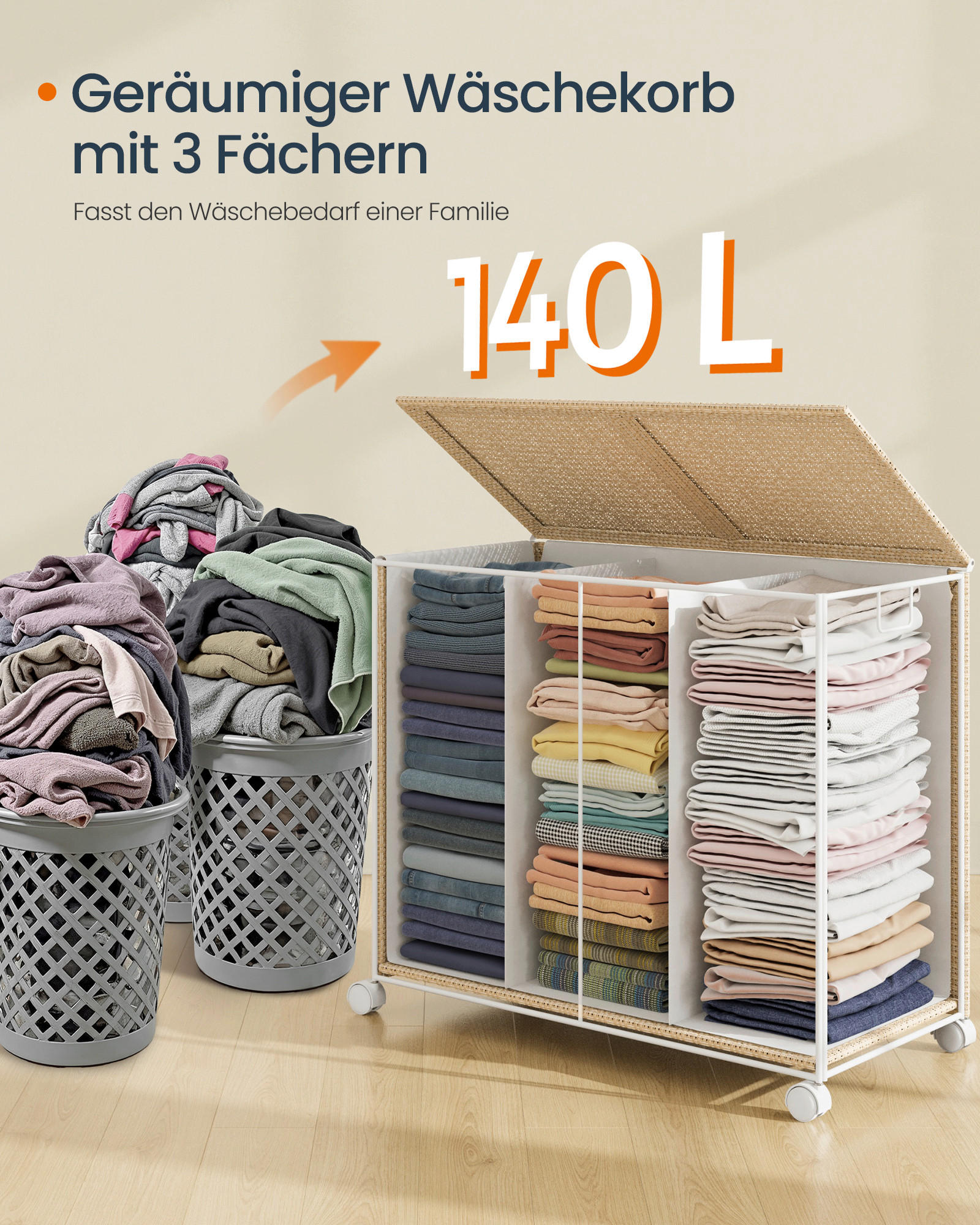 WÄSCHEKORB - Beige/Weiß, Trend, Textil/Metall (66,5/65/37,5cm) - Boxxx