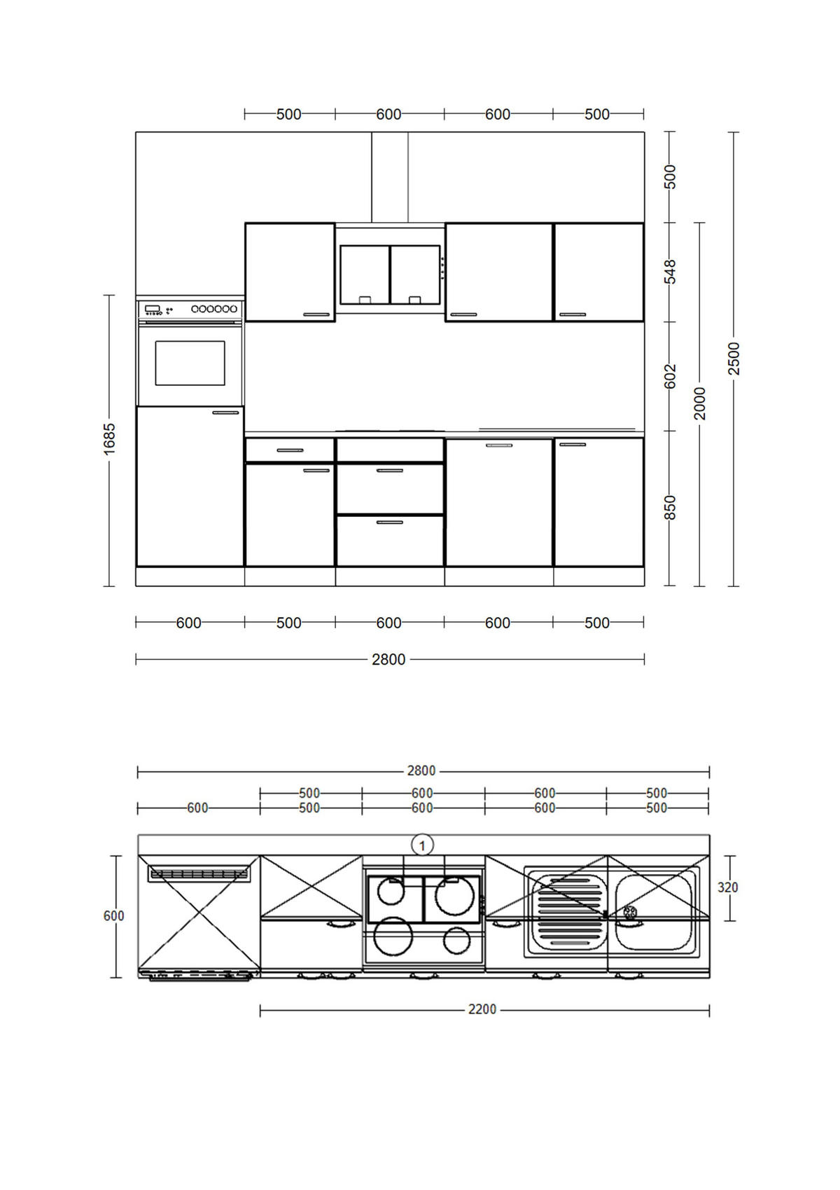 KÜCHENBLOCK 280 cm   in Weiß, Eichefarben  - Eichefarben/Schwarz, Basics, Holzwerkstoff/Metall (280cm) - FlexWell