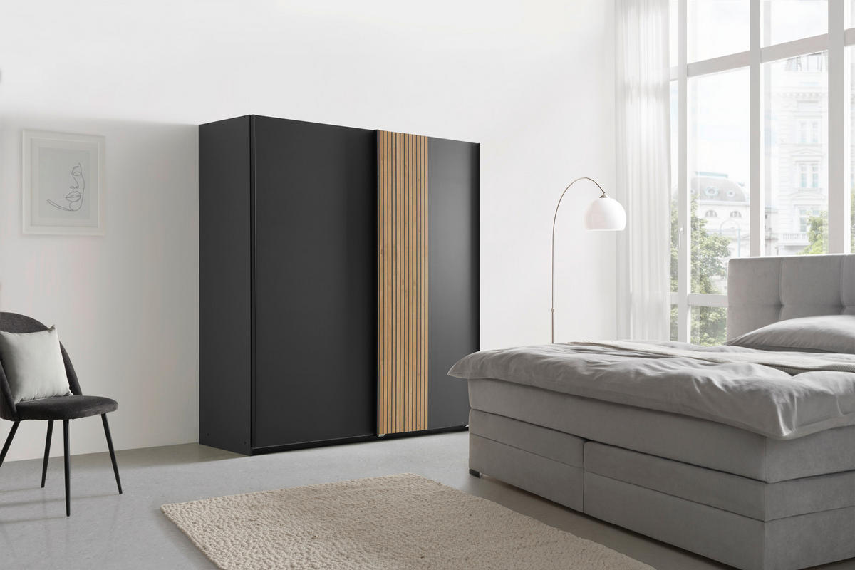 GARDEROB MED SKJUTDÖRRAR 180/198/65 cm 2-dörrar - grafitfärgad/svart, Klassisk, metall/trämaterial (180/198/65cm) - Carryhome