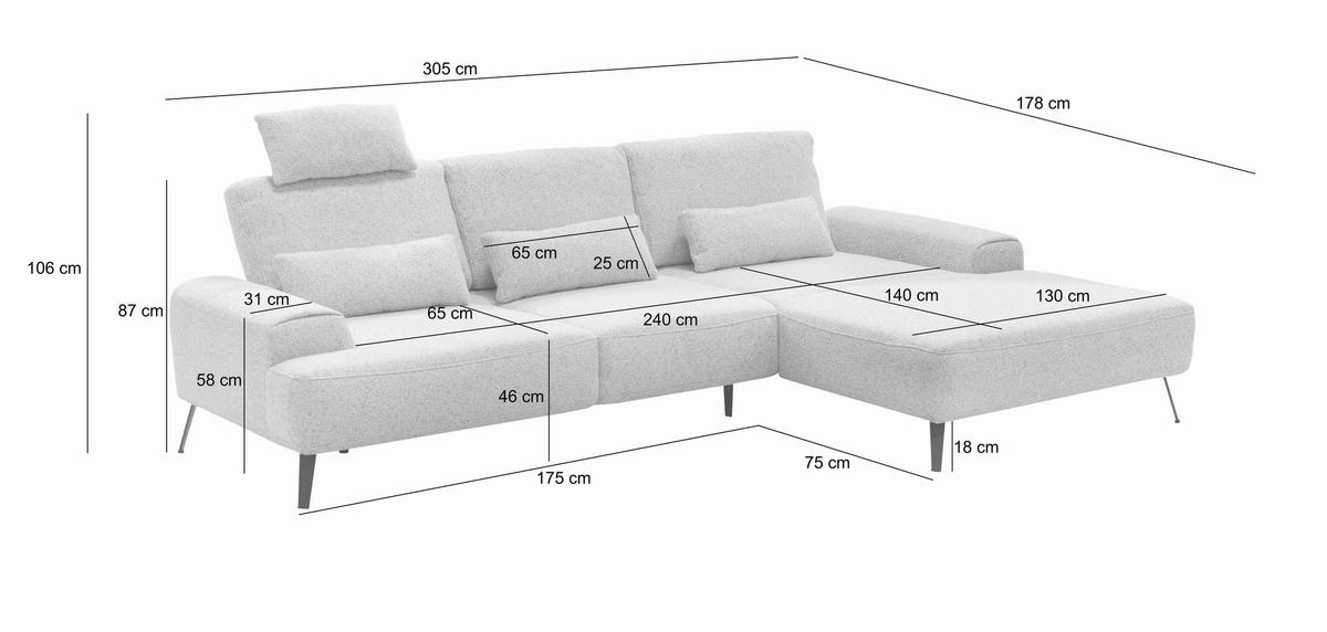 ECKSOFA Astoria Dunkelgrau Flachgewebe  - Dunkelgrau/Schwarz, Design, Textil/Metall (305/178cm) - Livetastic