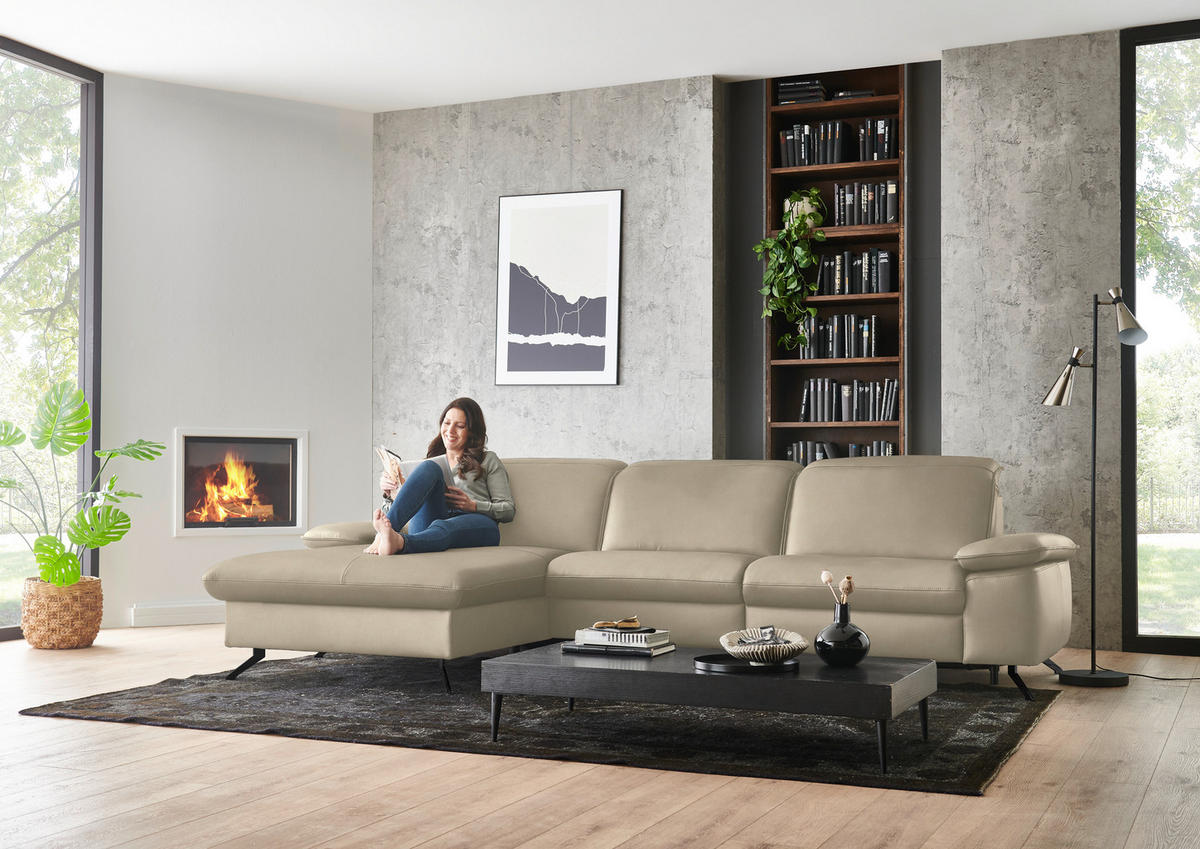 ECKSOFA  Echtleder Sandfarben  - Sandfarben/Schwarz, Design, Leder/Metall (169/307cm) - Beldomo Premium