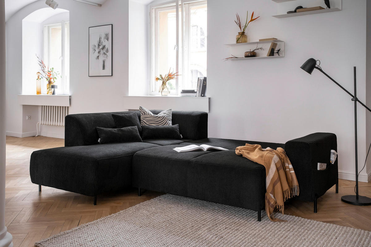 ECKSOFA Dunkelgrau Cord  - Dunkelgrau/Schwarz, Textil/Metall (192/250cm) - MID.YOU