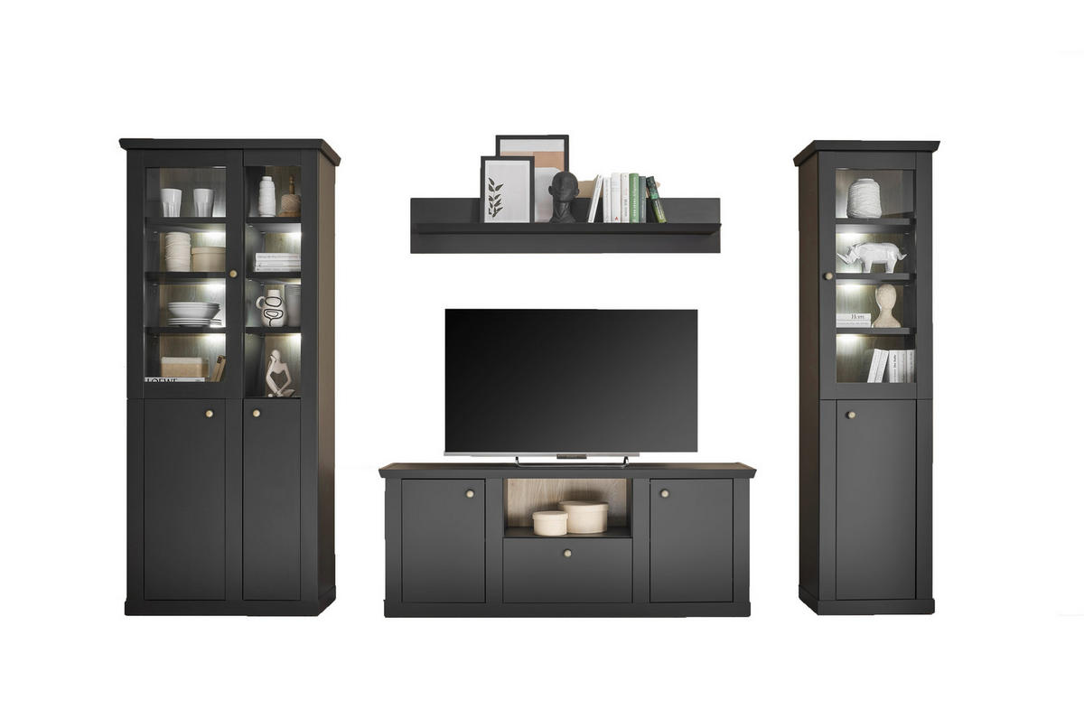 WOHNWAND 4-teilig  in Schwarz, Eichefarben  319/200/42 cm  - Eichefarben/Messingfarben, Design, Holzwerkstoff/Metall (319/200/42cm) - MID.YOU