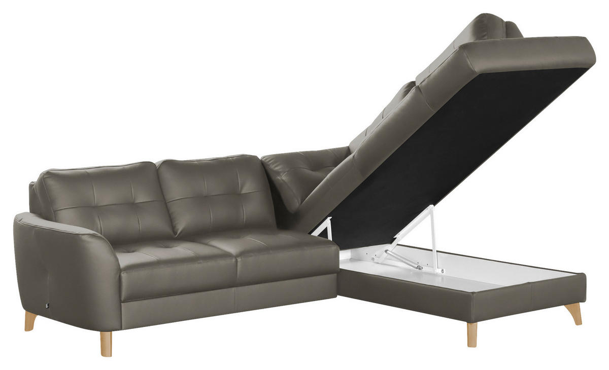 ECKSOFA in Lederlook Echtleder Schlammfarben  - Schlammfarben/Buchefarben, Design, Leder/Holz (236/190cm) - Livetastic