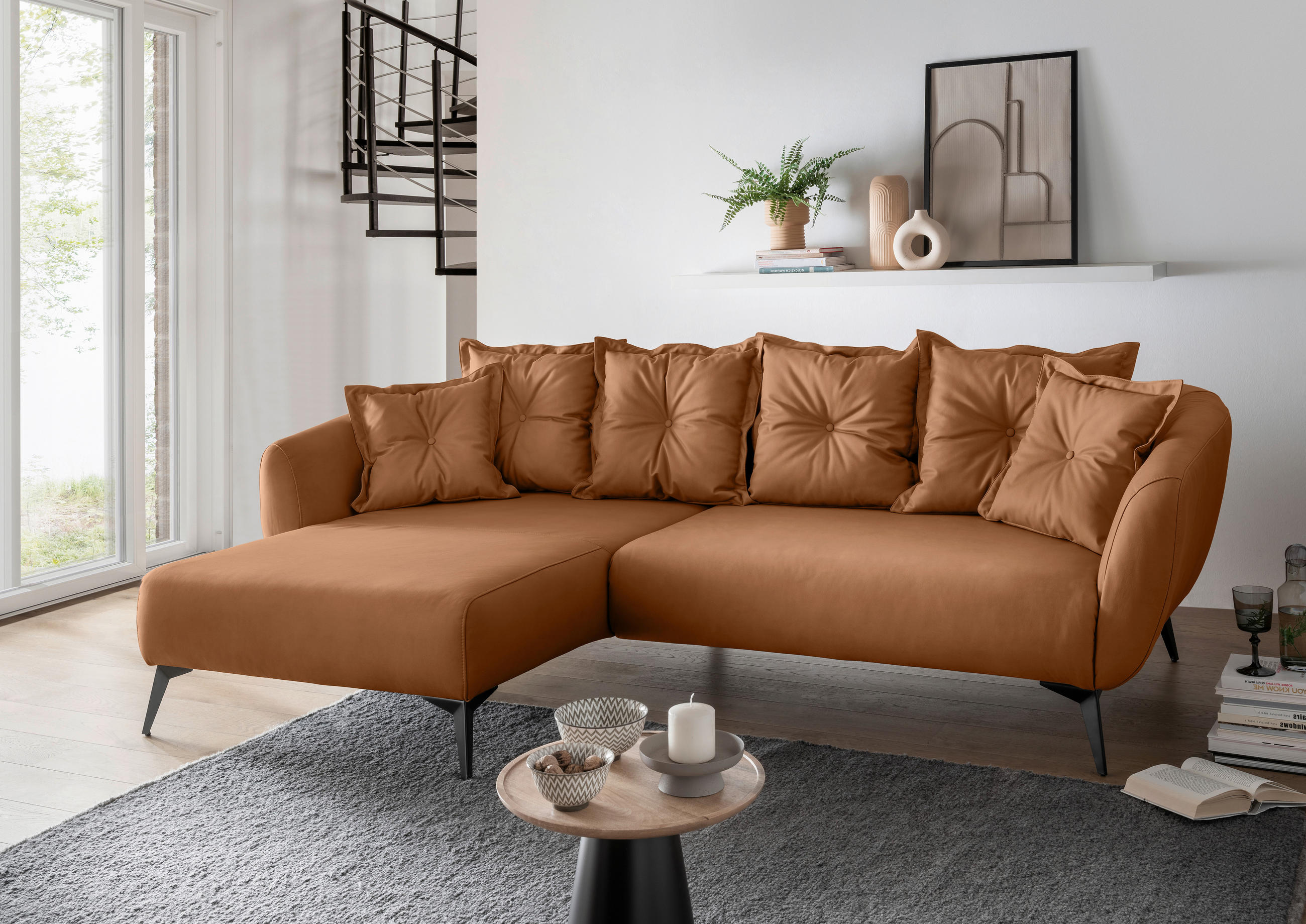 ECKSOFA Cognac Lederlook  - Cognac/Schwarz, MODERN, Textil/Metall (162/277cm) - Livetastic