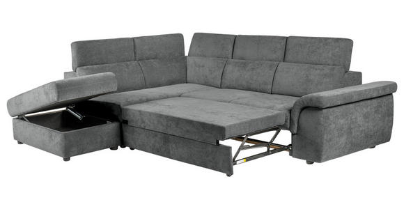 ECKSOFA Dunkelgrau Flachgewebe Bettkasten, Schlaffunktion, Rücken echt, Liegefläche im Originalstoff  - Dunkelgrau/Schwarz, KONVENTIONELL, Kunststoff/Textil (235/280cm) - Carryhome