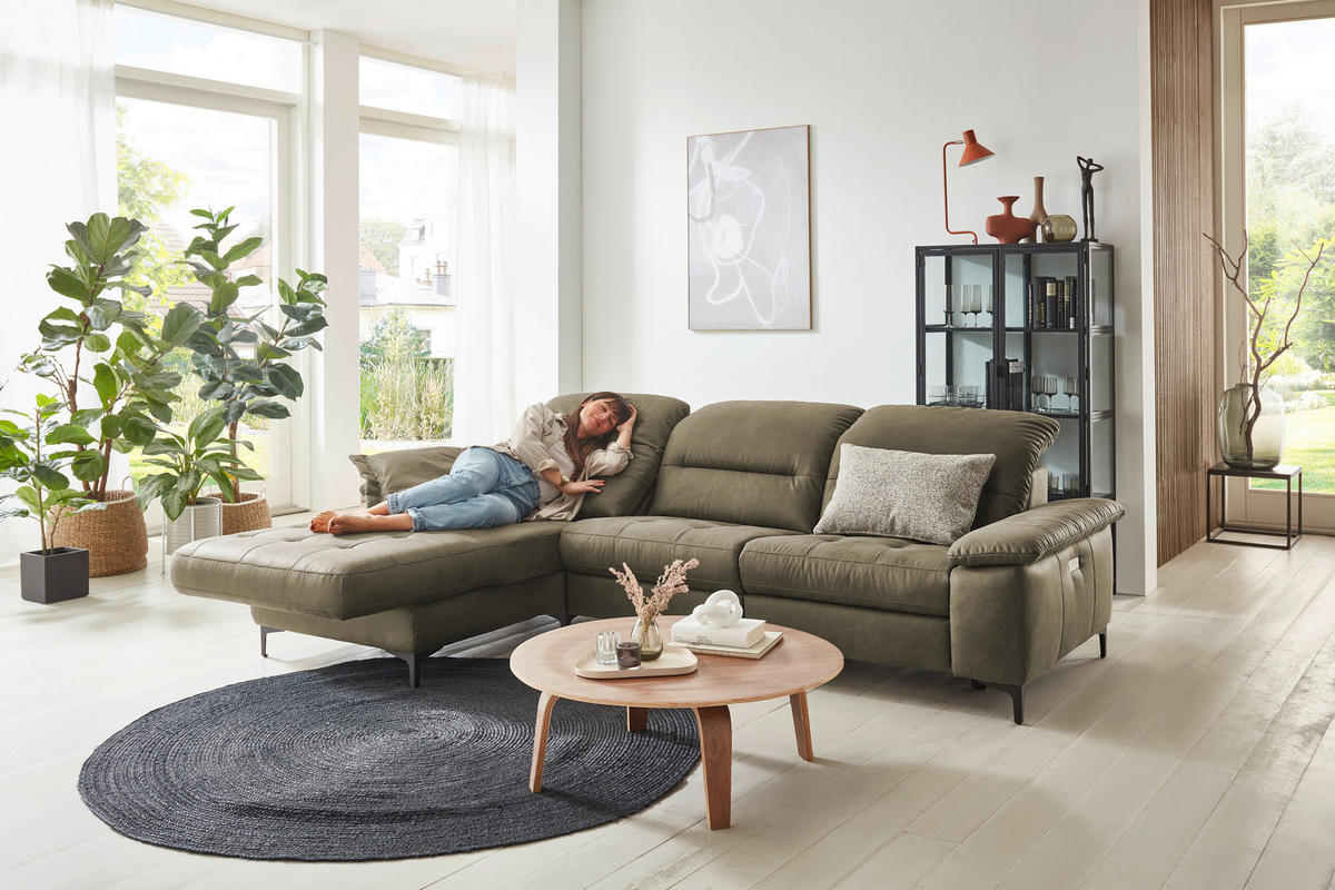 ECKSOFA Olivgrün Mikrofaser Kopfteilverstellung  - Chromfarben/Olivgrün, Design, Textil/Metall (184/280cm) - Pure Home Comfort