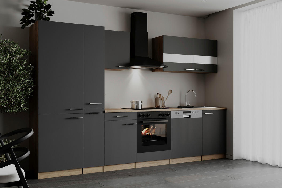 KÜCHENBLOCK 310 cm   in Grau  - Edelstahlfarben/Eichefarben, Basics, Holzwerkstoff/Metall (310cm) - Respekta