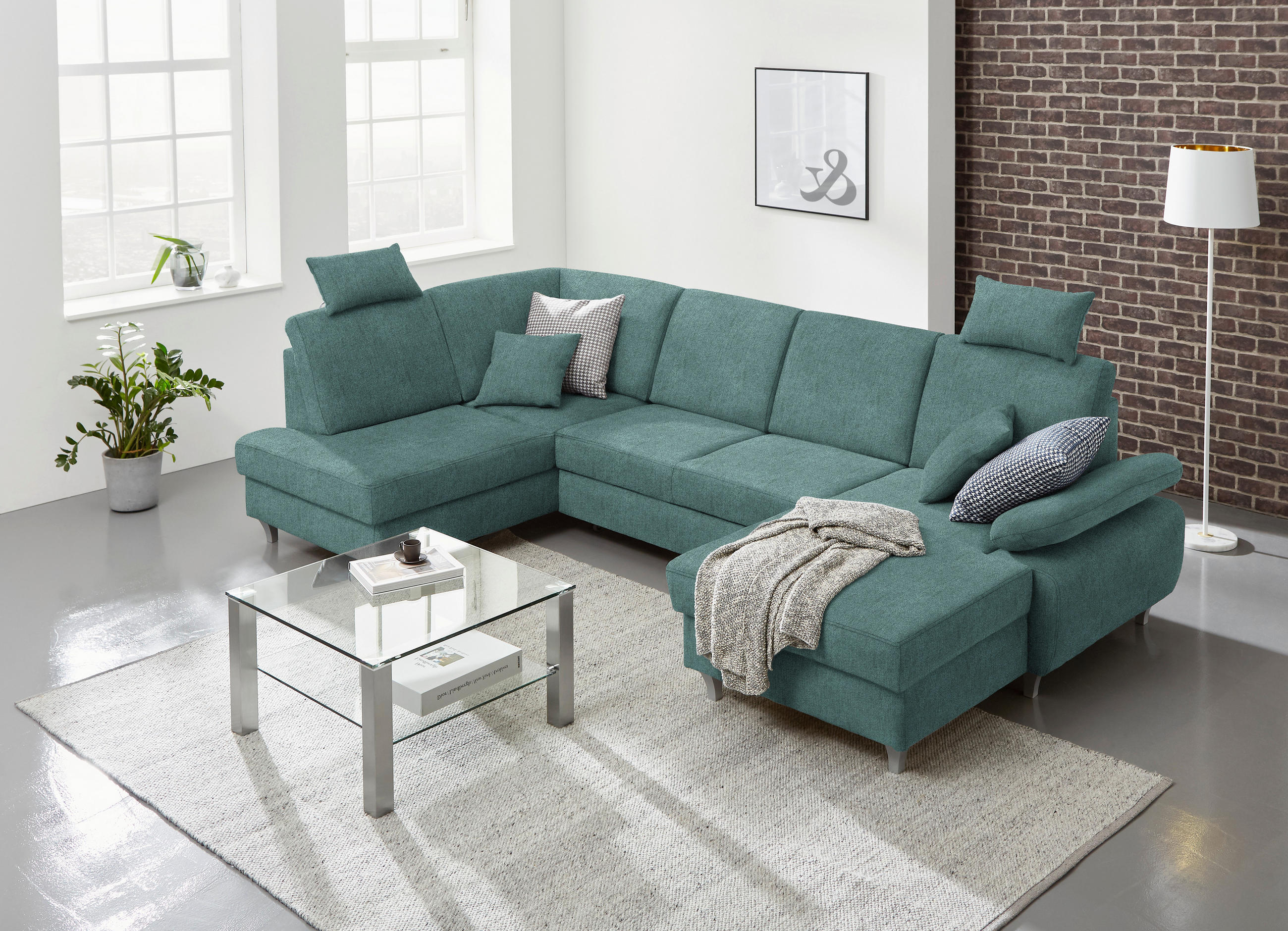 WOHNLANDSCHAFT in Struktur Petrol  - Silberfarben/Petrol, KONVENTIONELL, Holz/Textil (186/322/167cm) - Cantus