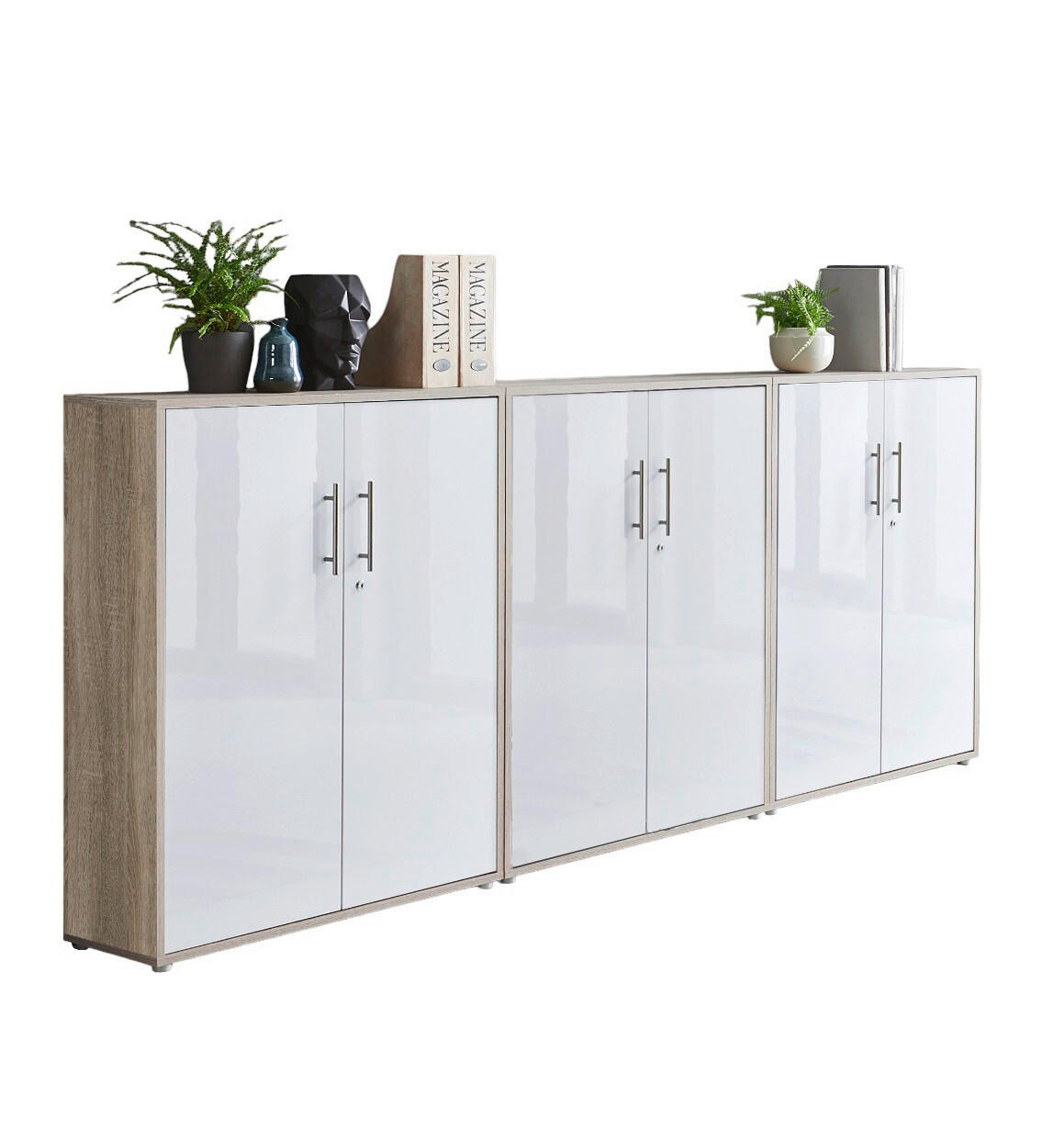 AKTENSCHRANK Sonoma Eiche, Weiß Hochglanz  - Weiß Hochglanz/Sonoma Eiche, MODERN, Holzwerkstoff (253,2/113,6/33cm) - MID.YOU