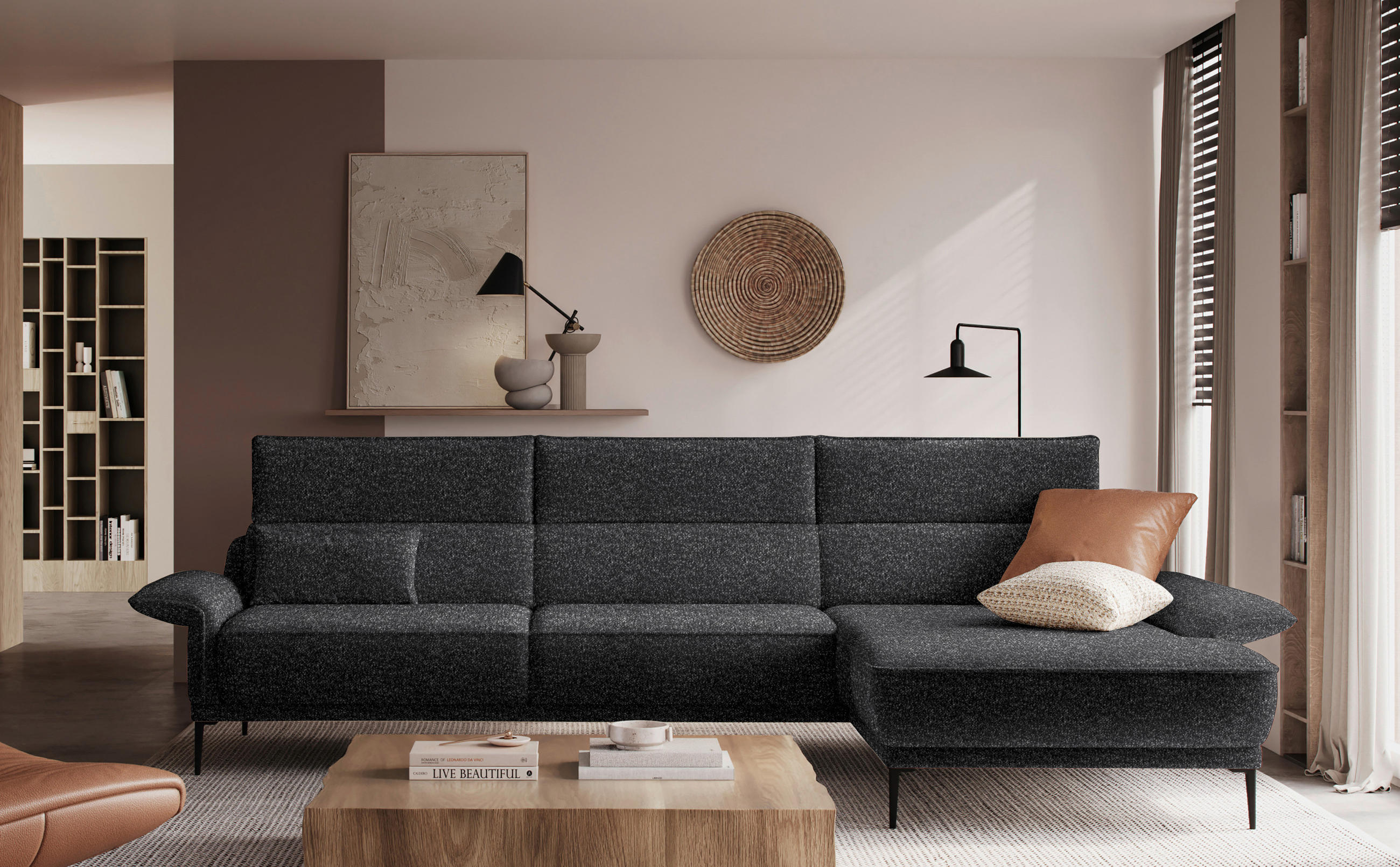 ECKSOFA in Bouclé Anthrazit  - Anthrazit/Schwarz, Design, Textil/Metall (330/186cm) - Johann Jakob
