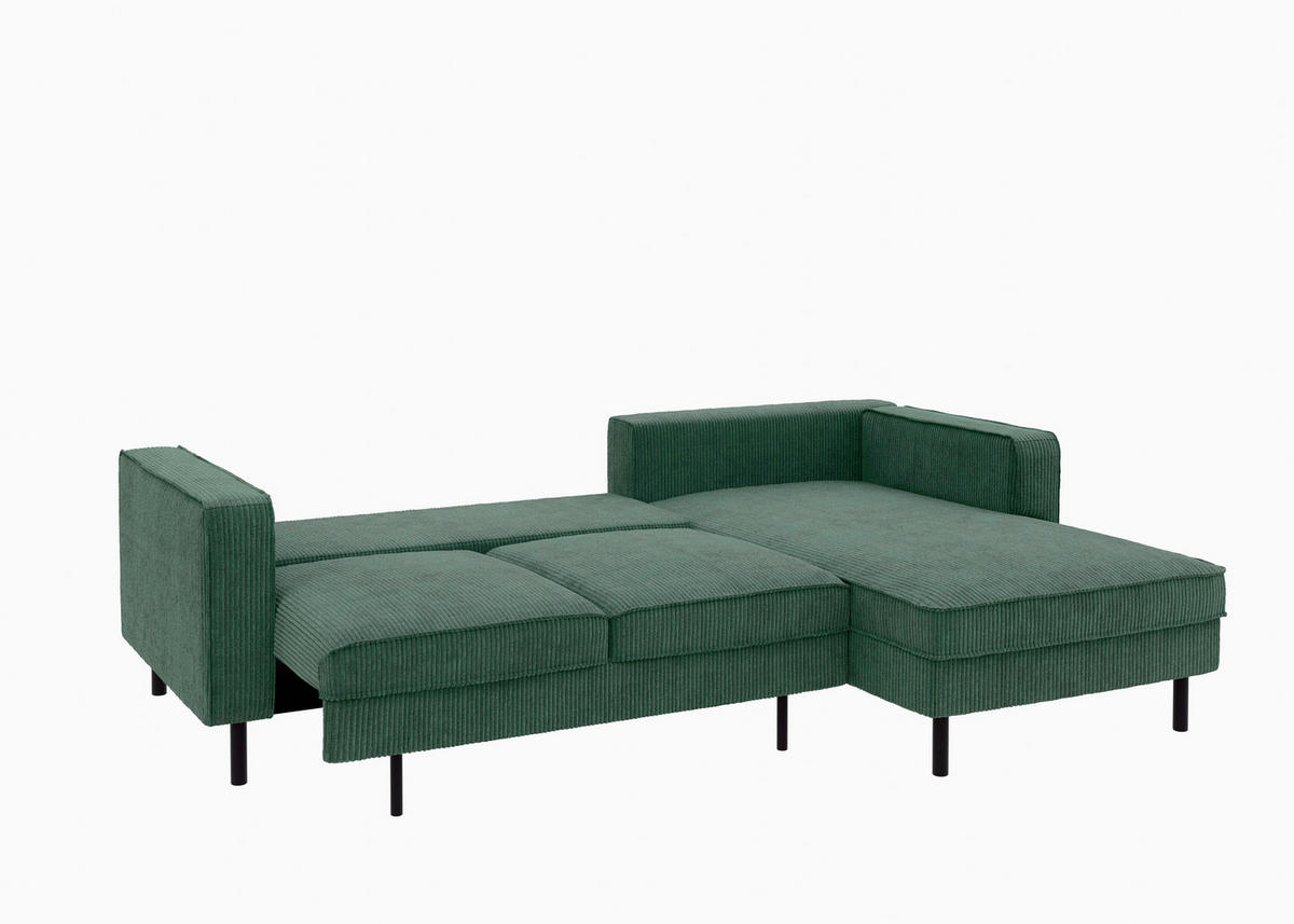 ECKSCHLAFSOFA WATKINS  mit Schlafen auf Sitzhöhe, Rücken echt, Armteil links, Armteil rechts Cord Dunkelgrün  - Dunkelgrün/Schwarz, MODERN, Textil/Metall (232/161cm) - Trendmanufaktur