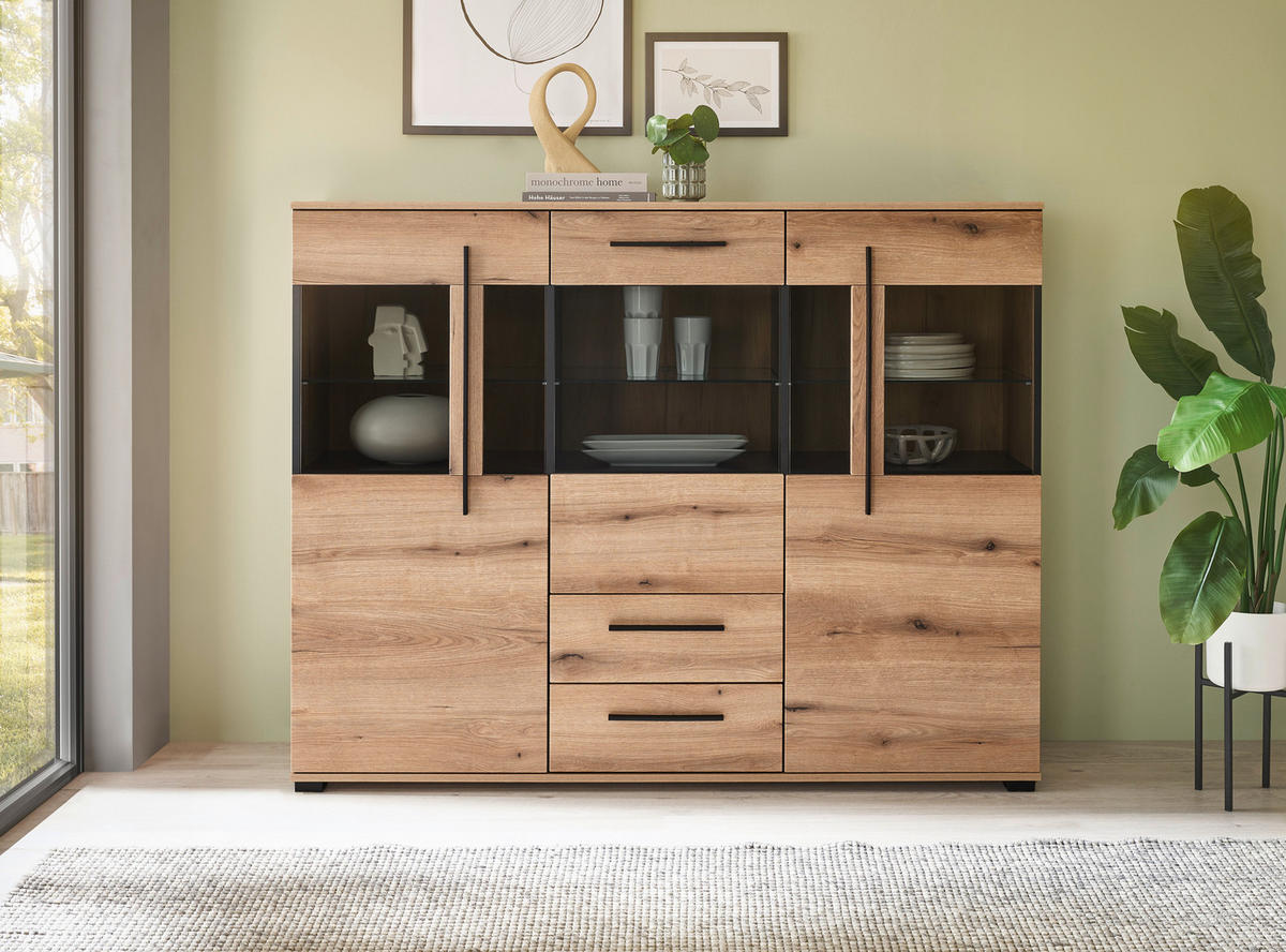 HIGHBOARD  160/126/42 cm 2 Schublade(n)  - Eichefarben/Schwarz, Design, Glas/Holzwerkstoff (160/126/42cm) - Livetastic