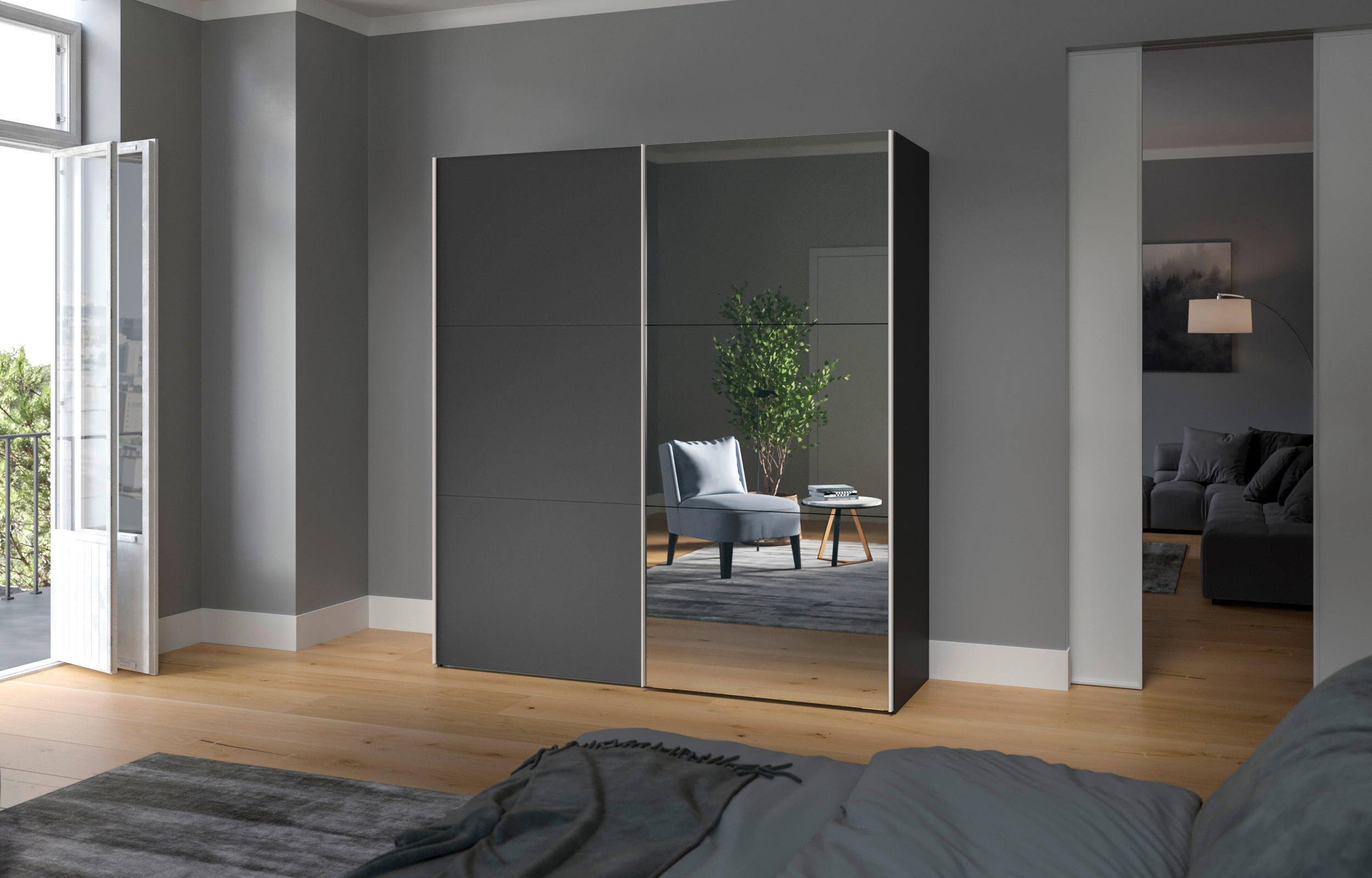 SCHWEBETÜRENSCHRANK 203/215/65 cm 2-türig Anthrazit, Schwarz  - Edelstahlfarben/Anthrazit, Design, Glas/Holzwerkstoff (203/215/65cm) - Boxxx