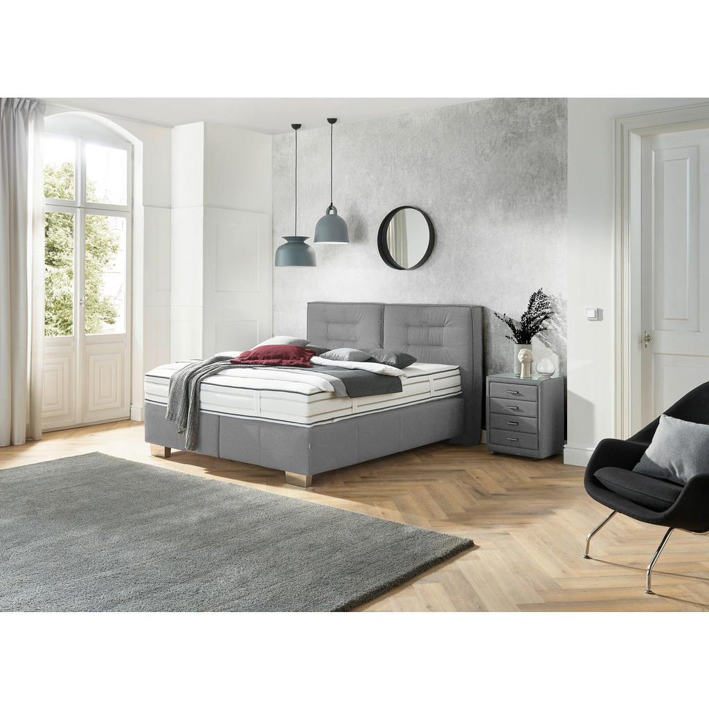 Thumbnail - Dieter Knoll Boxspringbett, Hellgrau, Textil, H2 + H3, 7-Zonen, Höhe ca. 27 cm, 180x200 cm, gepolstertes Kopfteil, Stoff...