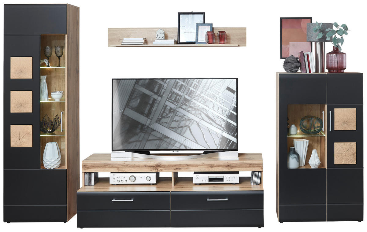 DNEVNI REGAL,  črna, barve hrasta  - barve kroma/črna, Moderno, kovina/leseni material (340/208/52cm) - Hom`in