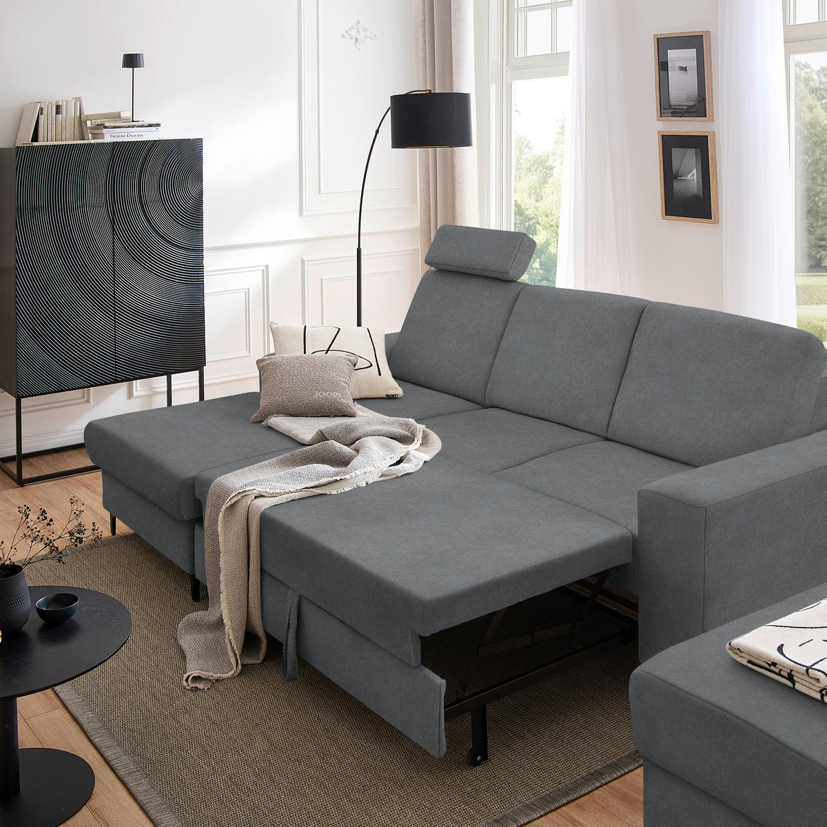ECKSOFA in Velours Grau  - Schwarz/Grau, Konventionell, Textil/Metall (167/247cm) - Stylife