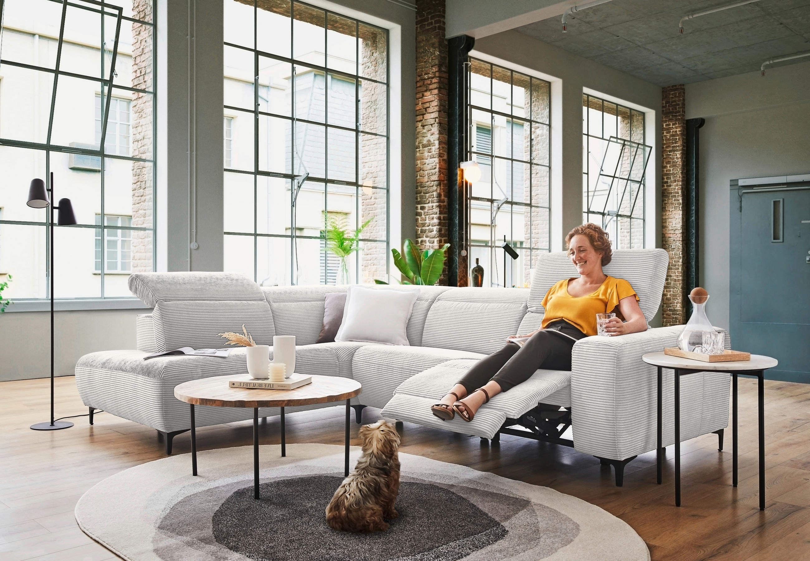 ECKSOFA in Cord Weiss  - Weiss/Schwarz, Design, Textil (223/290cm) - Pure Home Lifestyle