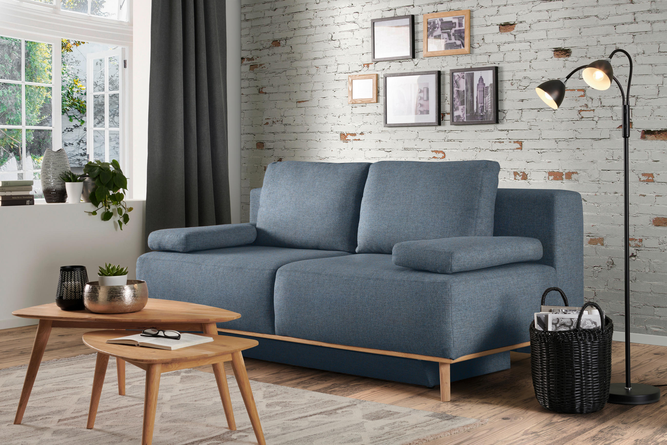 Thumbnail - Dieter Knoll Boxspringsofa Carla, Blau, Grau, Textil, Eiche, 2-Sitzer, Füllung: Schaumstoff, 203x97x107 cm, Stoffauswahl...