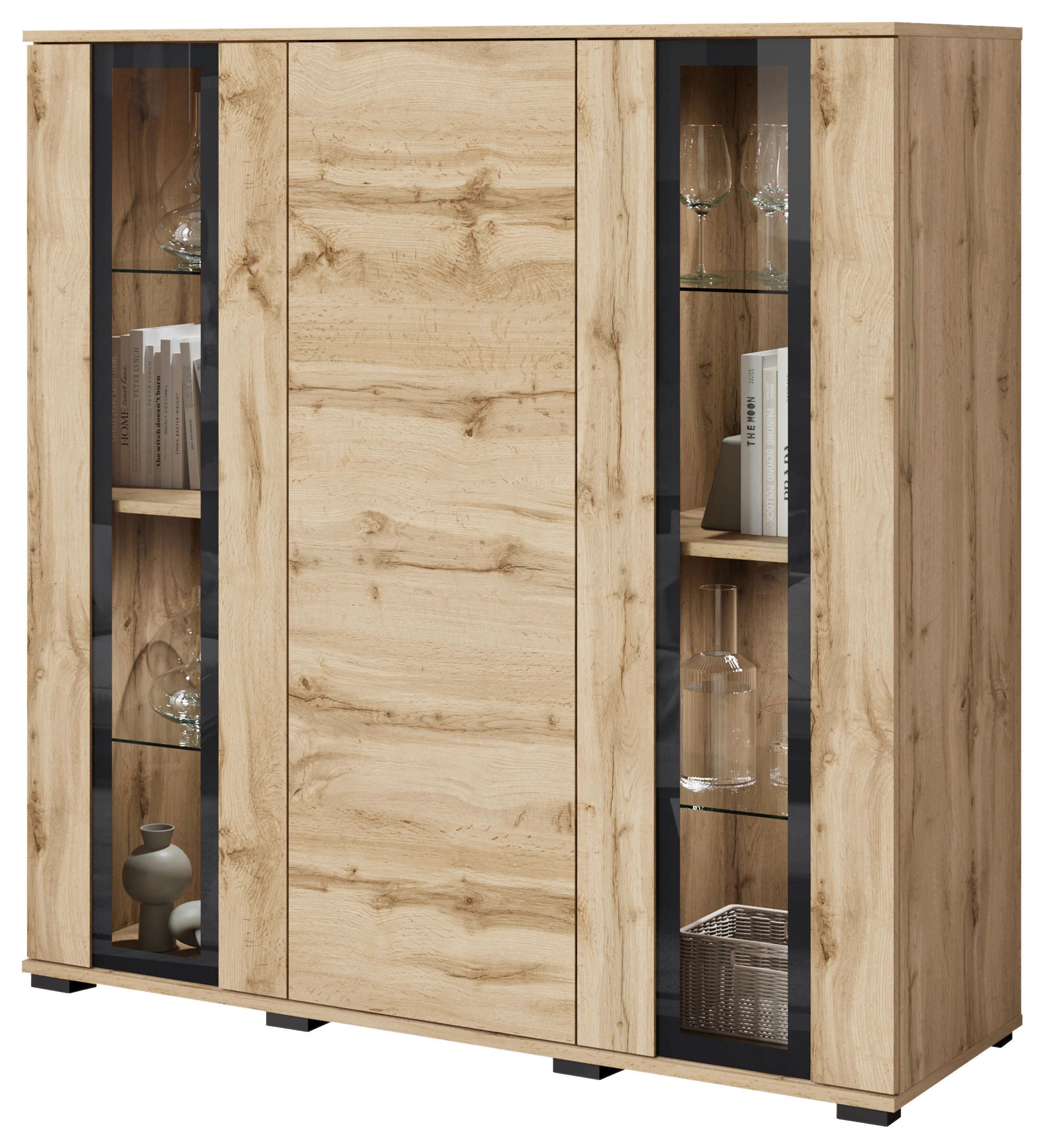 HIGHBOARD Caro  in 120/121,9/39,5 cm  - Eiche Wotan/Schwarz, Design, Glas/Holzwerkstoff (120/121,9/39,5cm) - P & B