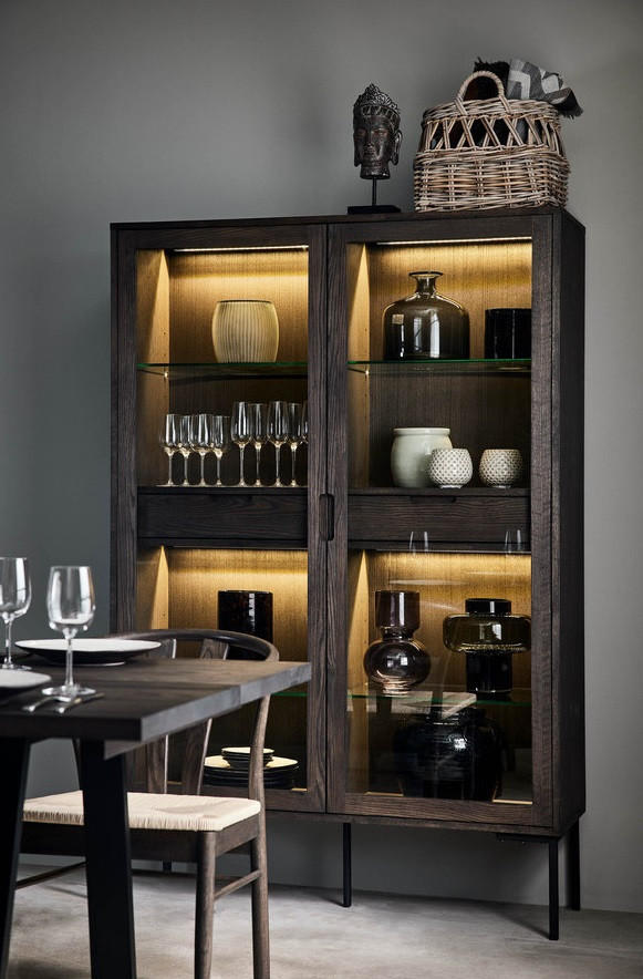VITRINSKÅP  i delar i massivt trä, faner ek mörkbrun  - svart/mörkbrun, Design, metall/glas (120/180,5/40cm) - Best Price