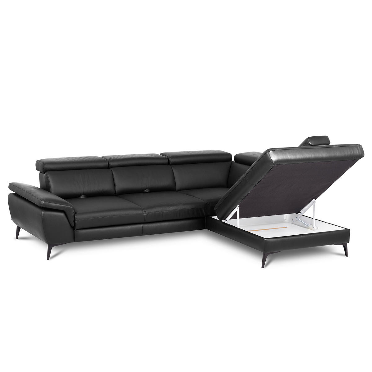 ECKSOFA Schwarz Echtleder Lederlook Bettkasten, Schlaffunktion, Rücken echt, Armteilverstellung, Kopfteilverstellung, Sitztiefenverstellung  - Schwarz, Design, Leder/Textil (274/220cm) - Livetastic