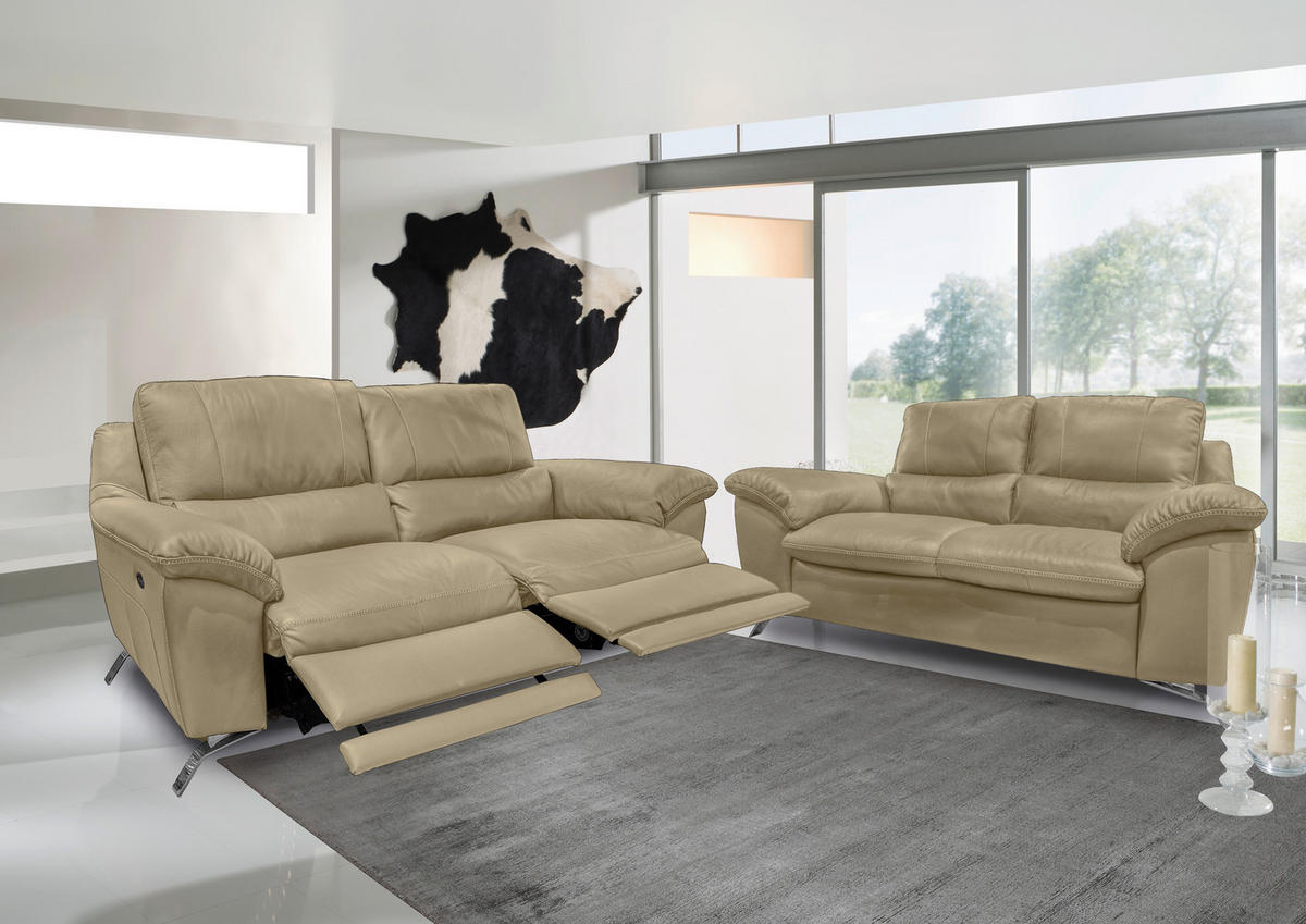 2,5-SITZER mit Relaxfunktion in Kombination Echtleder/Lederlook Greige  - Greige/Silberfarben, Design, Leder/Metall (216/97/95-151cm) - Livetastic