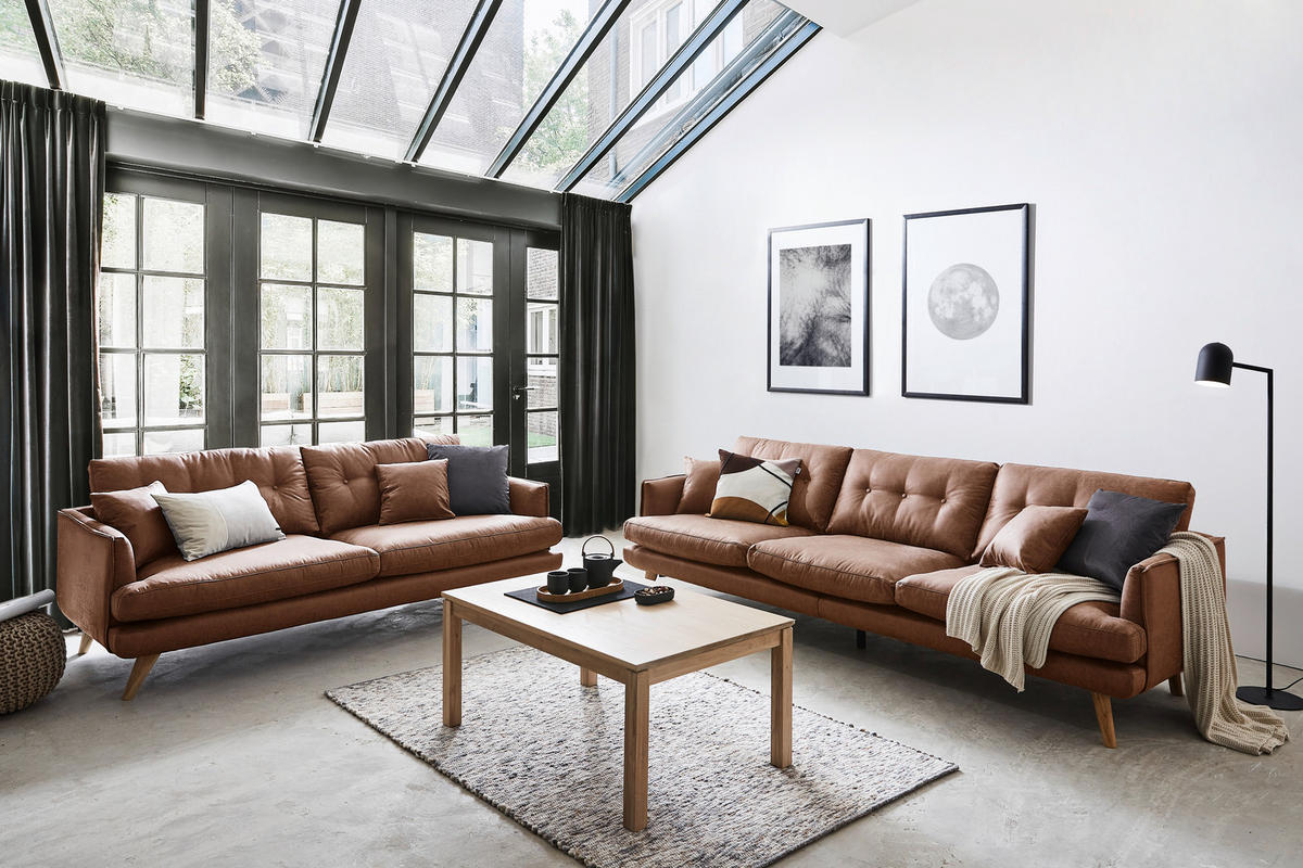 VIERSITZER-SOFA in Lederlook Braun  - Naturfarben/Braun, Design, Holz/Textil (265/83/92cm) - Livetastic