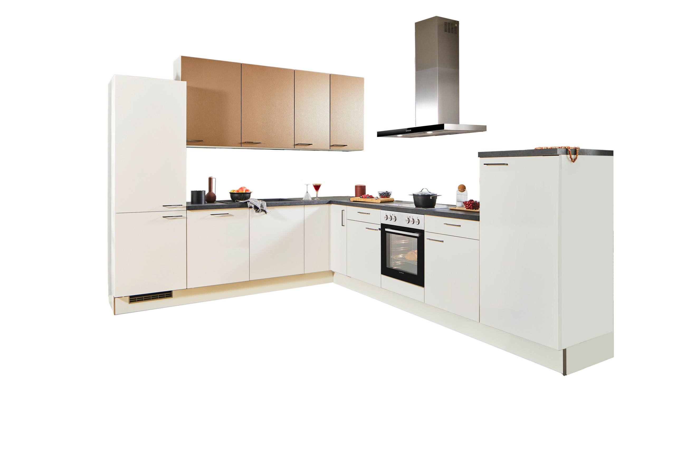 ECKKÜCHE 270/330 cm  in Weiß, Bronzefarben  - Schwarz/Weiß, Design, Holzwerkstoff/Metall (270/330cm) - Xora