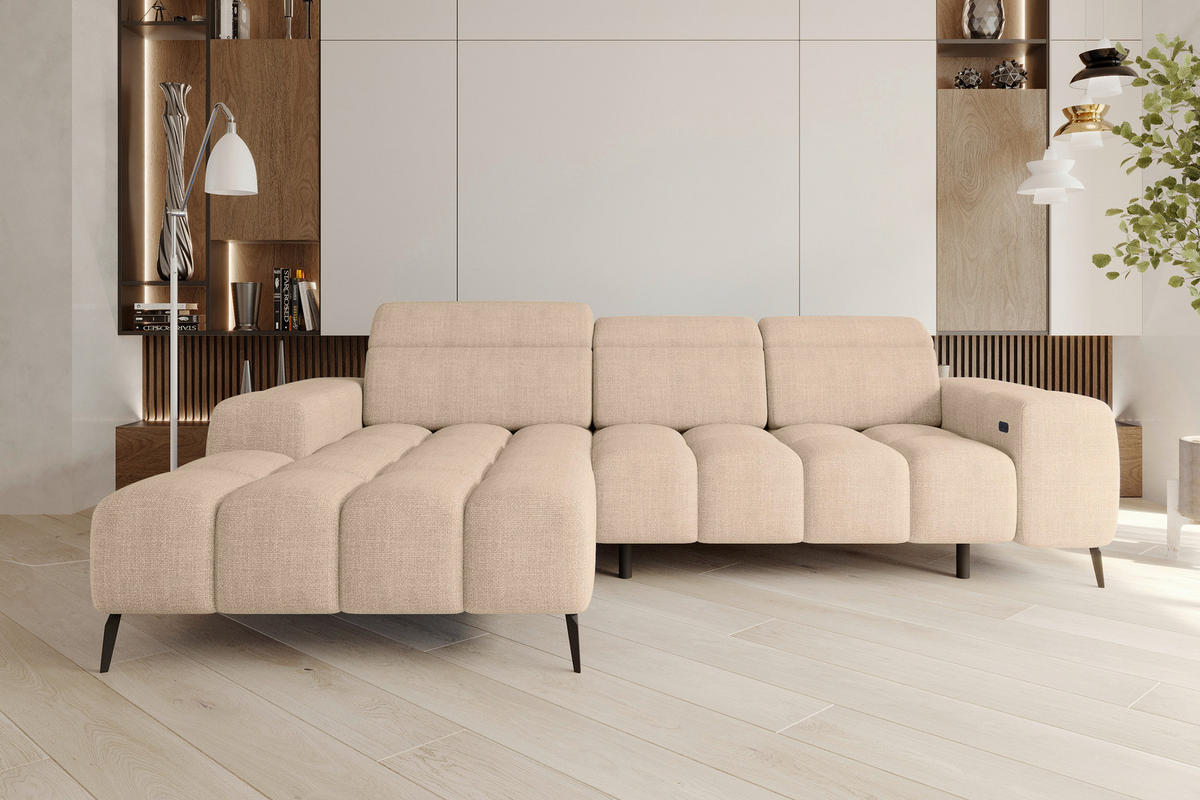 ECKSOFA Beige Flachgewebe Rücken echt, Kopfteilverstellung, Sitztiefenverstellung  - Beige/Schwarz, KONVENTIONELL, Kunststoff/Textil (171/273cm) - Carryhome