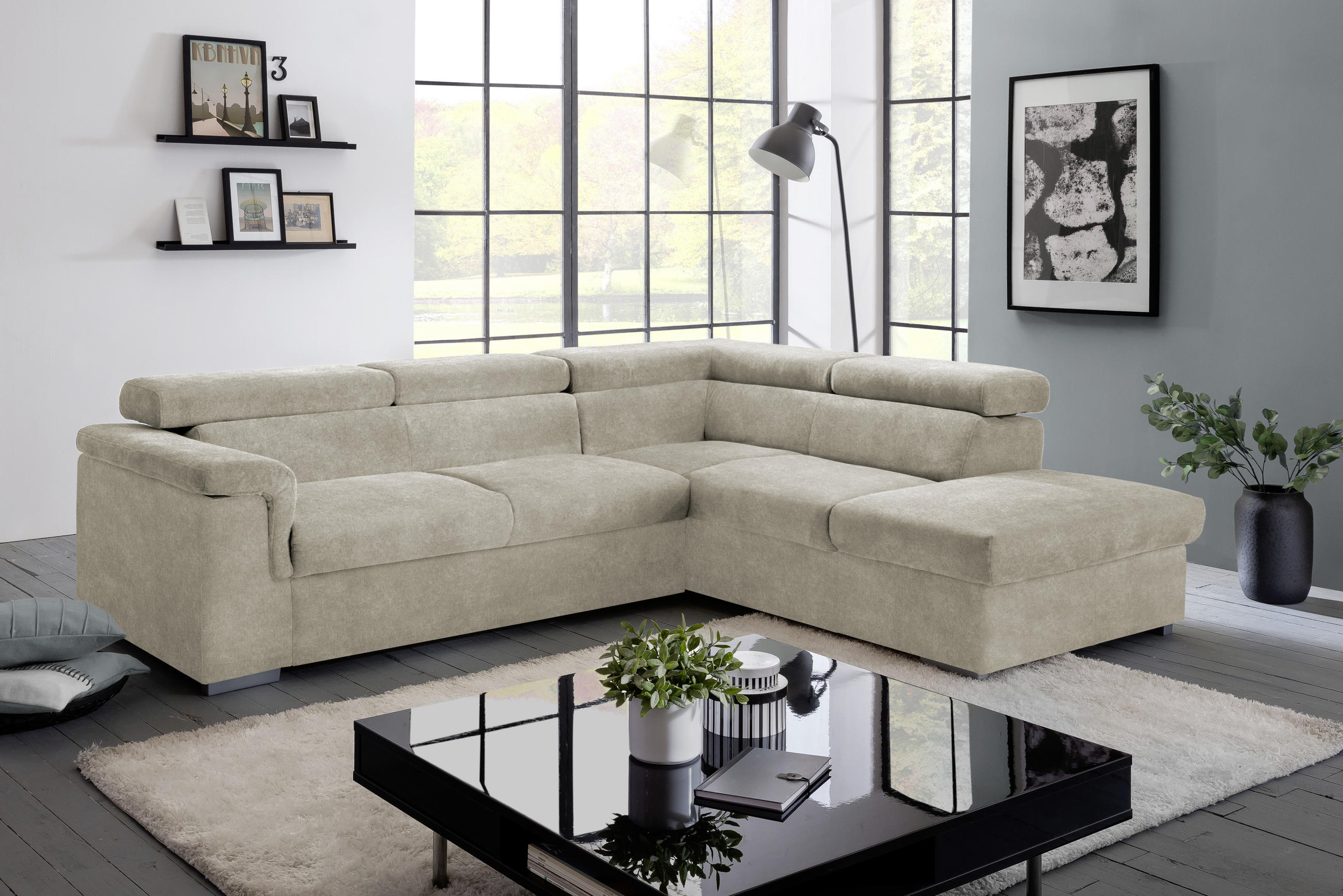 ECKSOFA Beige Flachgewebe  - Beige, Basics, Holz/Textil (252/217cm) - MID.YOU