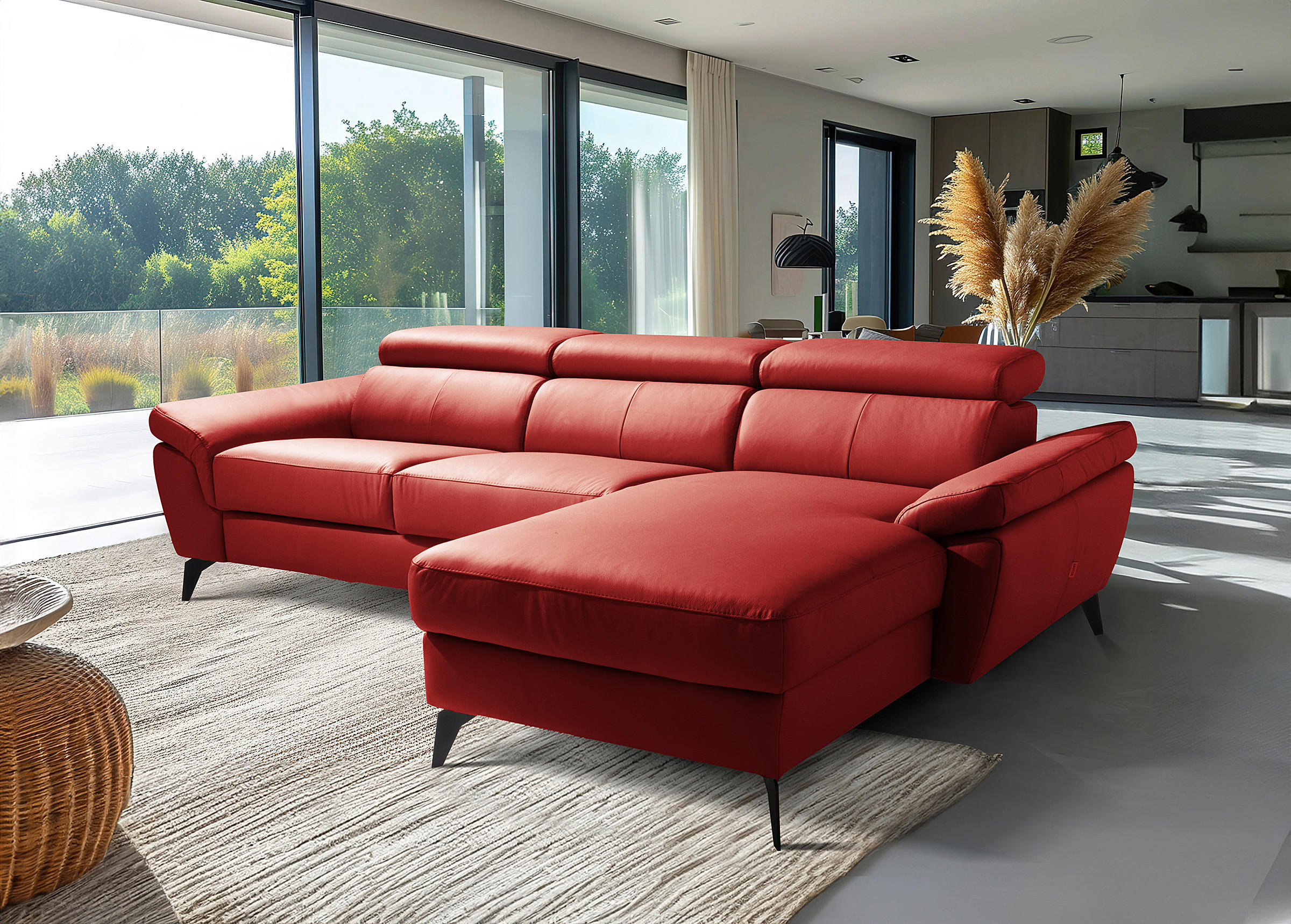 ECKSOFA Rot Echtleder Lederlook Bettkasten, Schlaffunktion, Rücken echt, Armteilverstellung, Kopfteilverstellung  - Rot/Schwarz, Design, Leder/Textil (252/179cm) - Livetastic