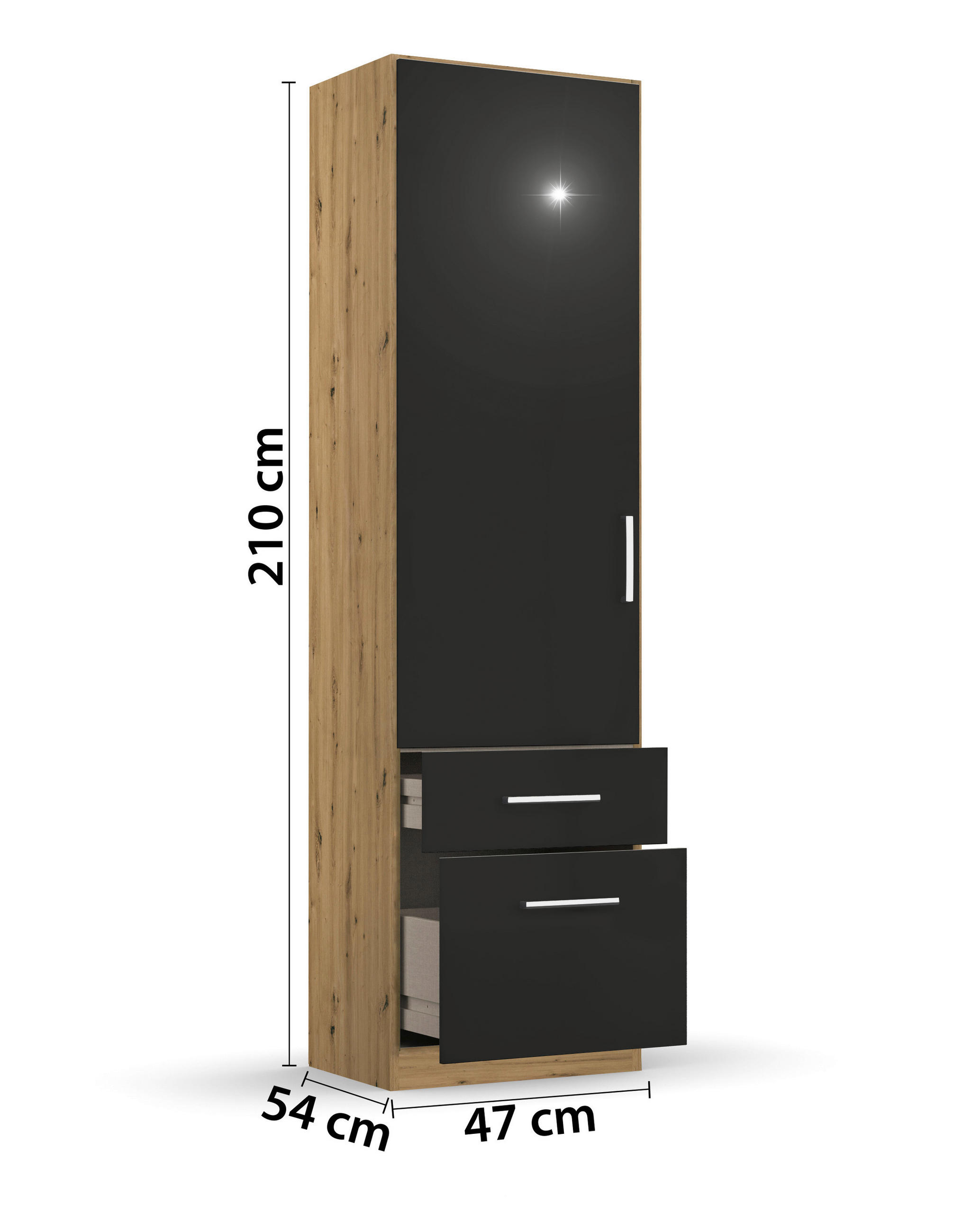 Thumbnail - Rauch Möbel Drehtürenschrank, Grau, Eiche Artisan, Kunststoff, 2 Schubladen, 47x210x54 cm, Blauer Engel, Made in Germany...