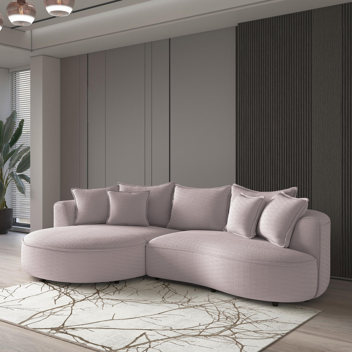ECKSOFA in Velours, Struktur Hellrosa  - Hellrosa/Schwarz, Modern, Kunststoff/Textil (168/287cm) - Livetastic