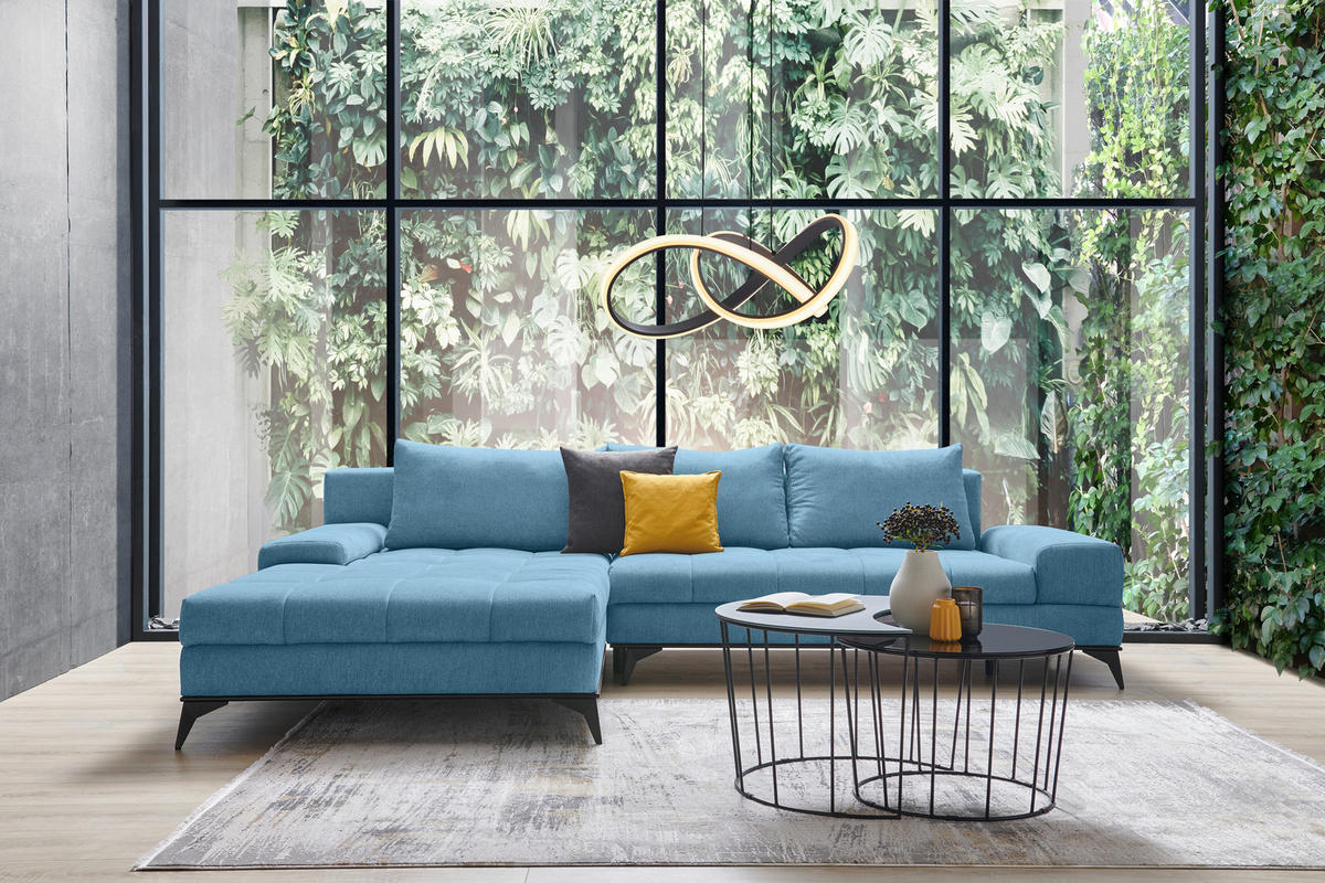 SEDEŽNA GARNITURA, tkanina modra  - modra/črna, Design, kovina/tekstil (212/315cm) - Carryhome