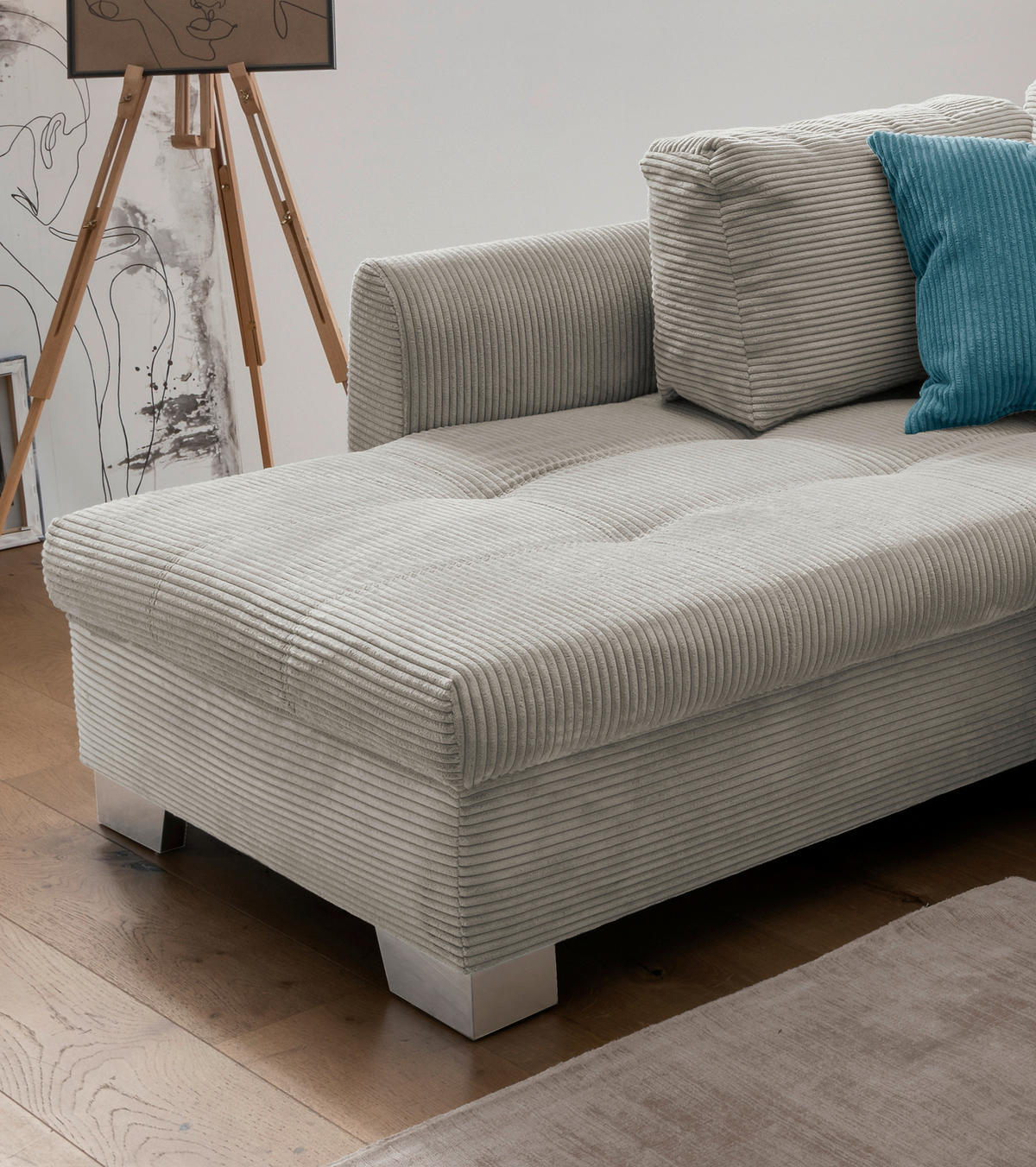 ECKSOFA in Cord Silberfarben  - Silberfarben/Petrol, Design, Holz/Textil (190/250cm) - MID.YOU