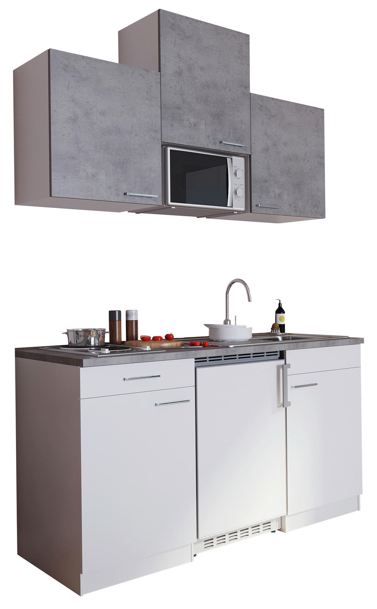 MINIKÖK 150 cm   i vit, grå  - vit/aluminiumfärg, Klassisk, trämaterial/plast (150cm) - Respekta