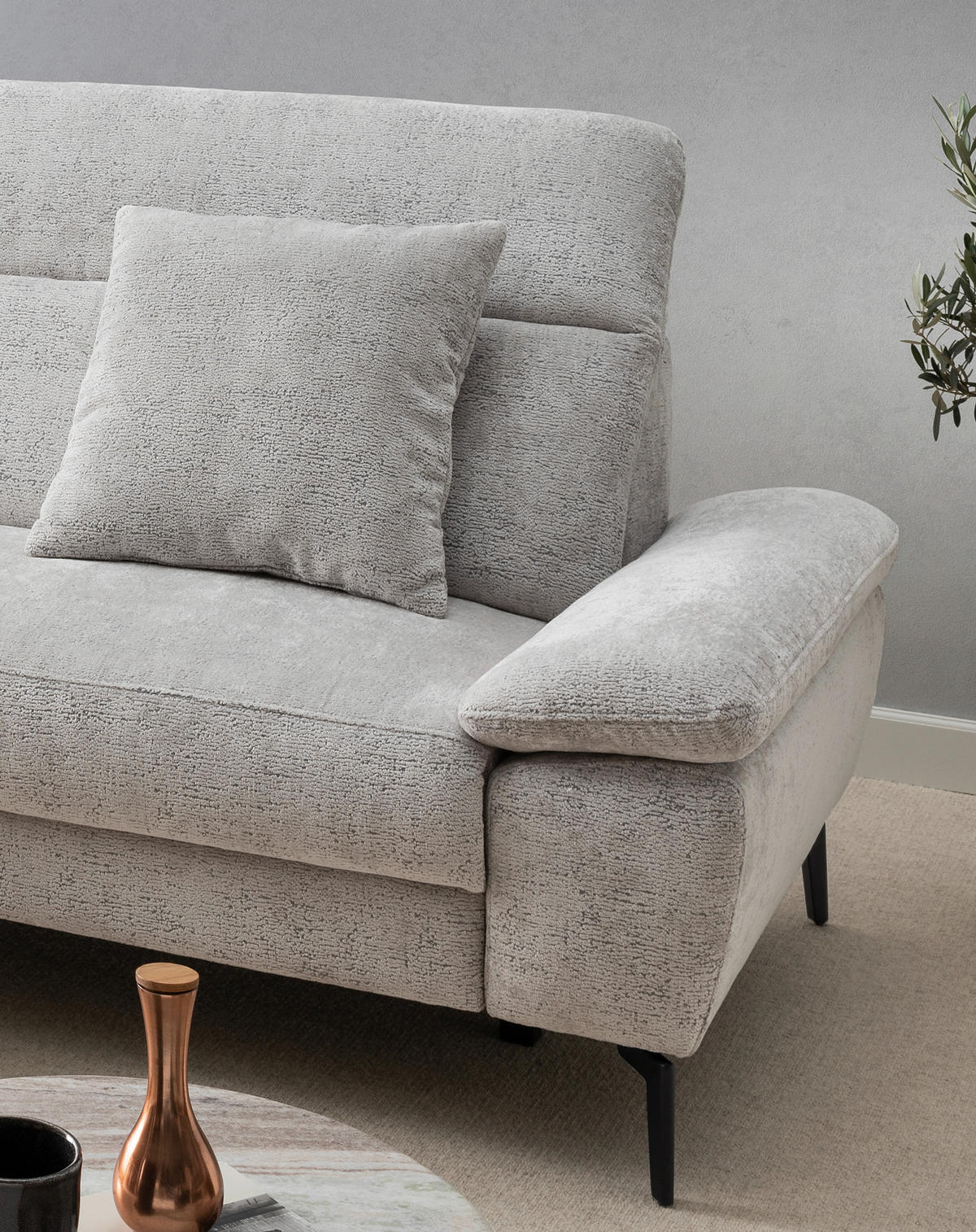 ECKSOFA CANCELLI Silberfarben Chenille Zierkissen, Relaxfunktion  - Silberfarben/Schwarz, KONVENTIONELL, Textil/Metall (178/300cm) - Livetastic