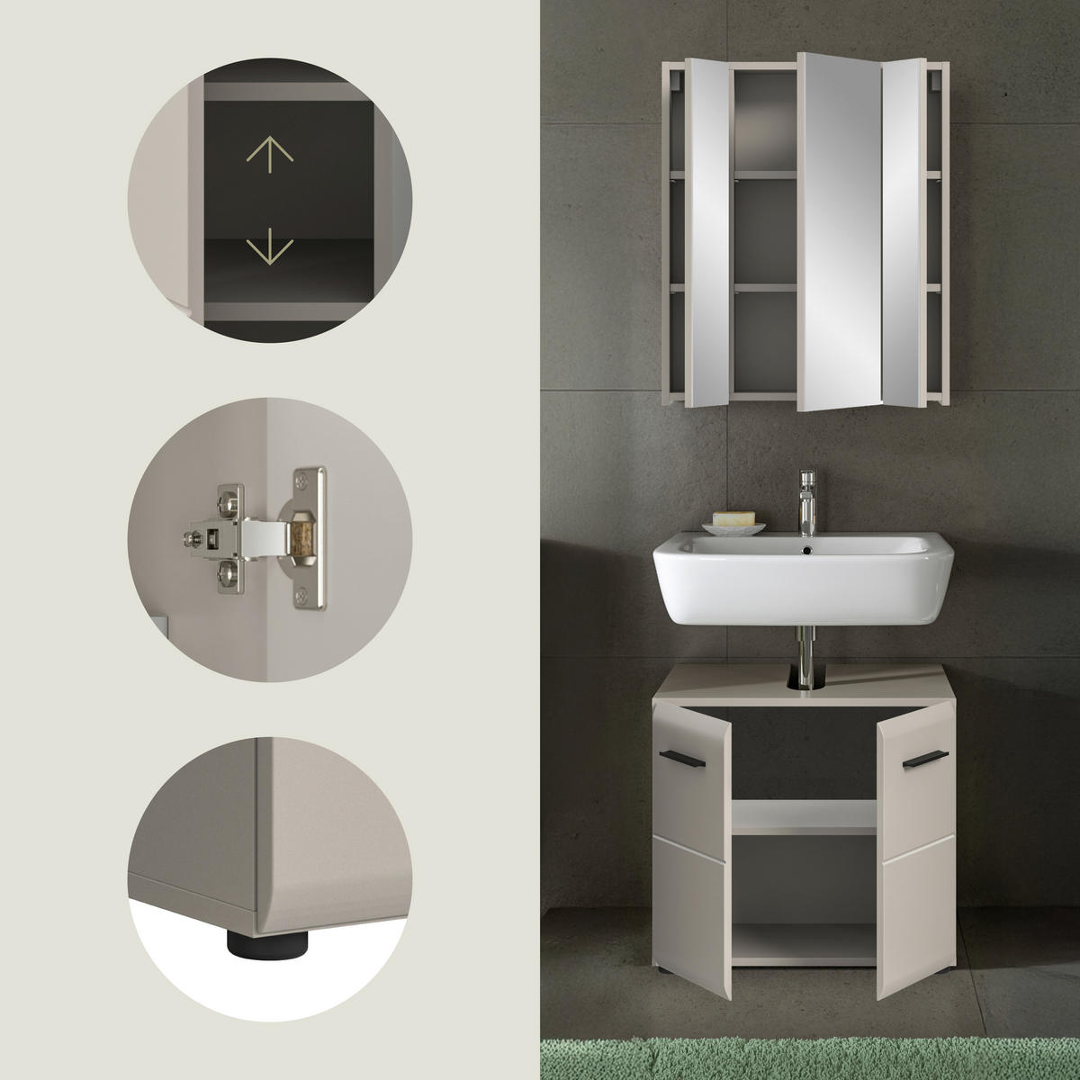 BADEZIMMER 2-teilig  in 60 cm  - Kaschmir/Schwarz, Trend, Glas/Holzwerkstoff (60cm) - MID.YOU