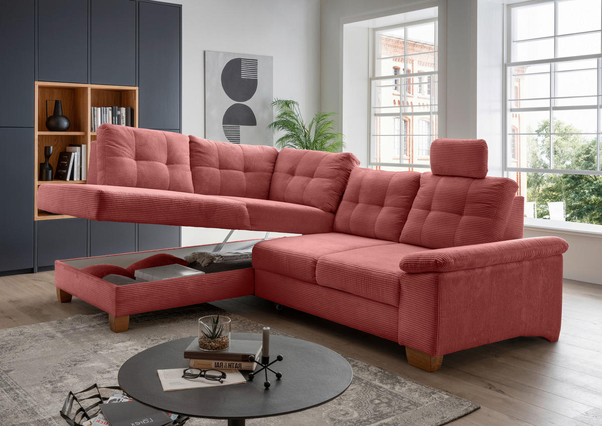 ECKSOFA in Cord Koralle  - Koralle/Naturfarben, Modern, Holz/Textil (206/274cm) - Livetastic