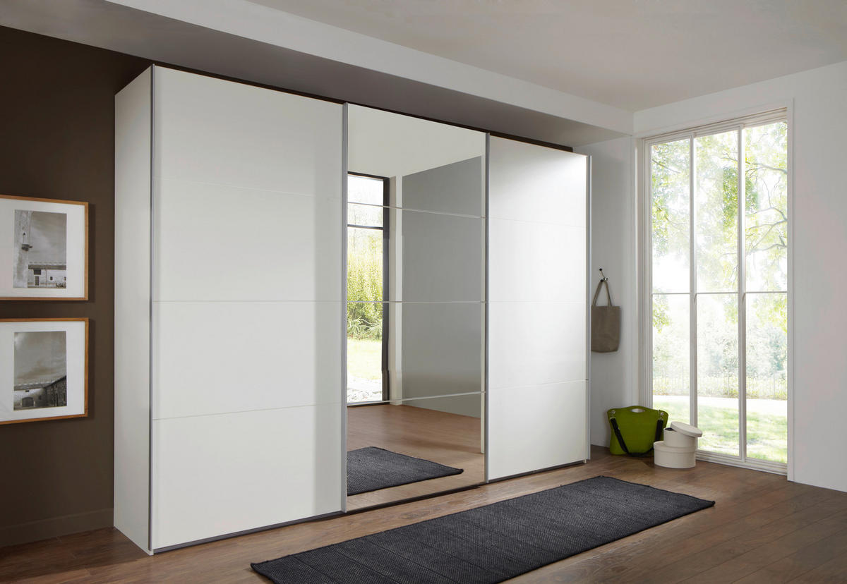 SCHWEBETÜRENSCHRANK 270/210/65 cm 3-türig Weiß  - Alufarben/Weiß, Design, Glas/Holzwerkstoff (270/210/65cm) - Carryhome
